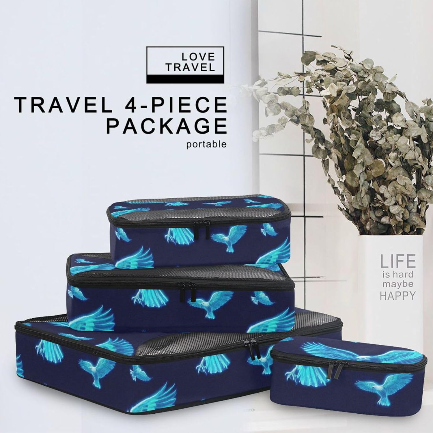 Blue Neon Fluorescent Bird 4 Pcs set organizer for travel Mesh Travel Essentials lightweight set packing cubes