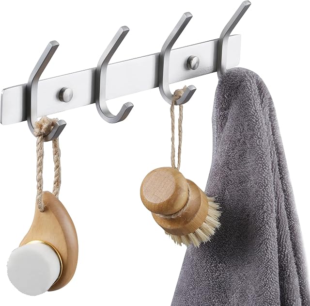 KES Coat Hooks Wall Rack with 4 Towel Hooks for Bathroom Kitchen Robe Hanger Rail SUS304 Stainless Steel Brushed Finish, AH203H4-2