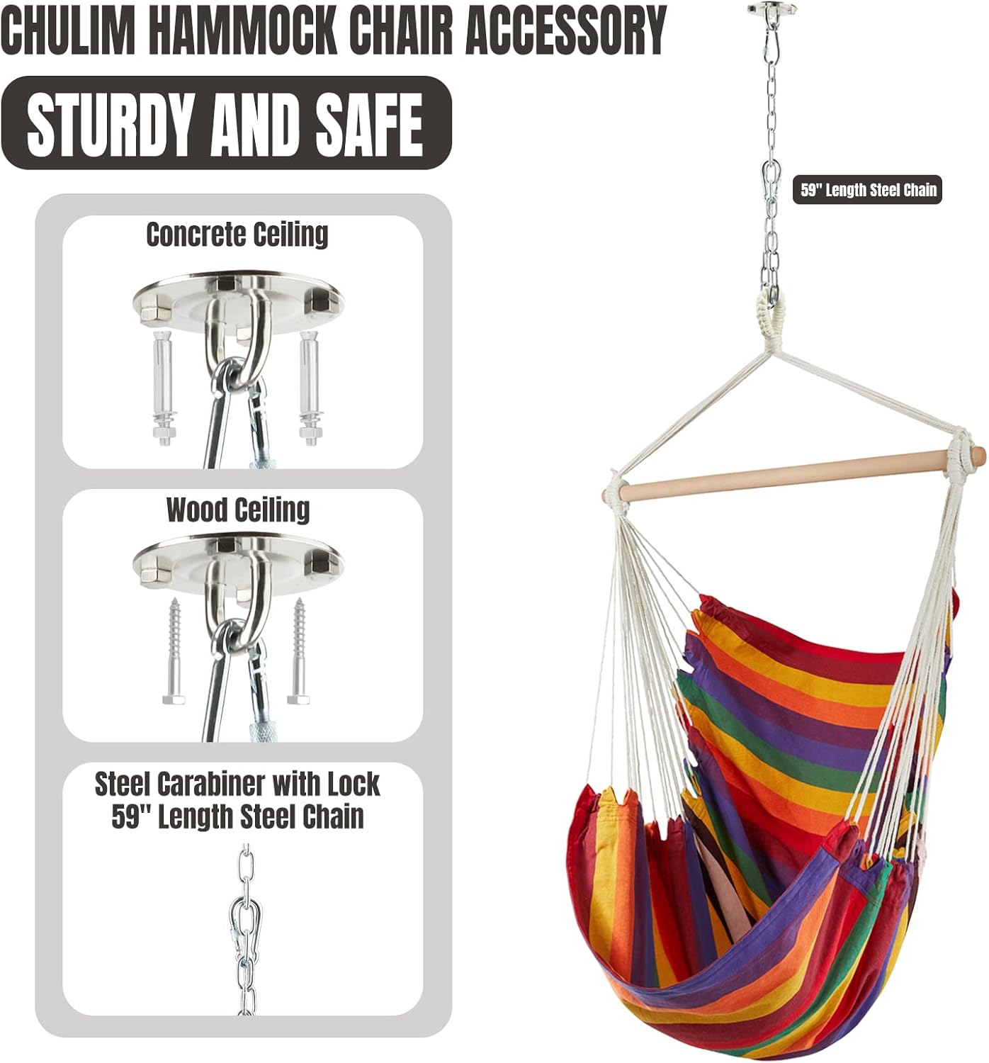 Hammock Chair Hanging Swing - Cotton Weave Canvas with Hardware Kits, Max 330Lbs, XL Hanging Chair for Indoor Outdoor Patio Yard - Red Stripe