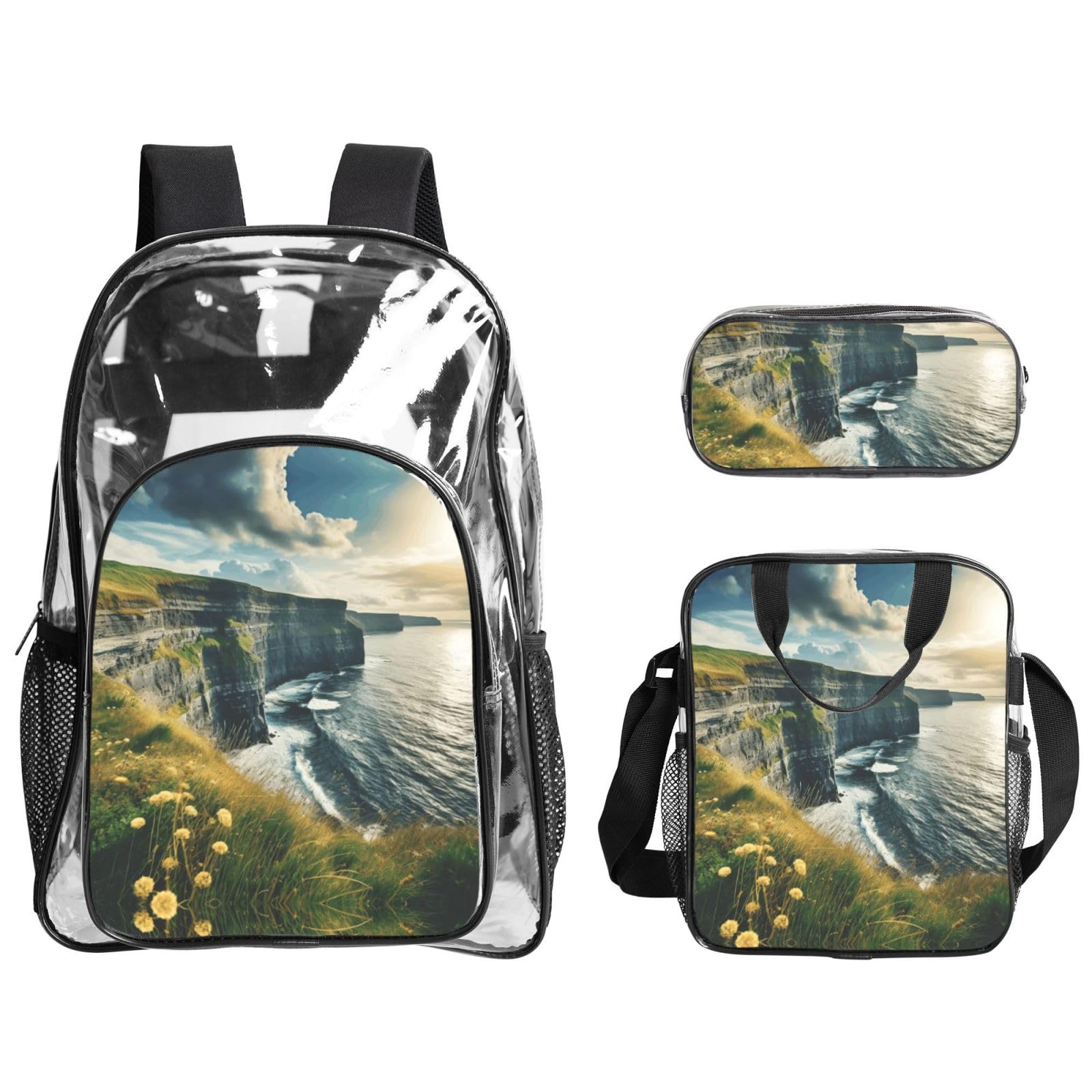 Ireland Outdoors County Clare The Cliffs Set zaino stampato 3 in 1 Set di borse trasparenti per scuola, lavoro, stadio, eventi e trasporto quotidiano