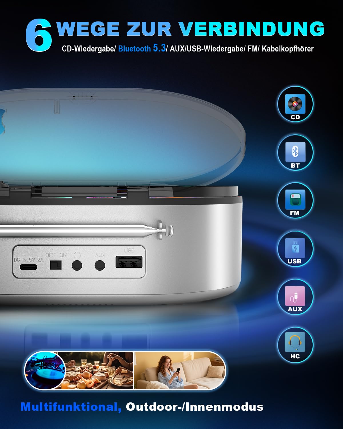 Lecteurs CD Portable Bluetooth 5.3 avec Double Haut-Parleur Stéréo, 4000mAh Rechargeable Lecteur CD Bluetooth contrôle à Distance, écran LCD, Prise en Charge Radio FM/USB/AUX Lecteur CD Portable