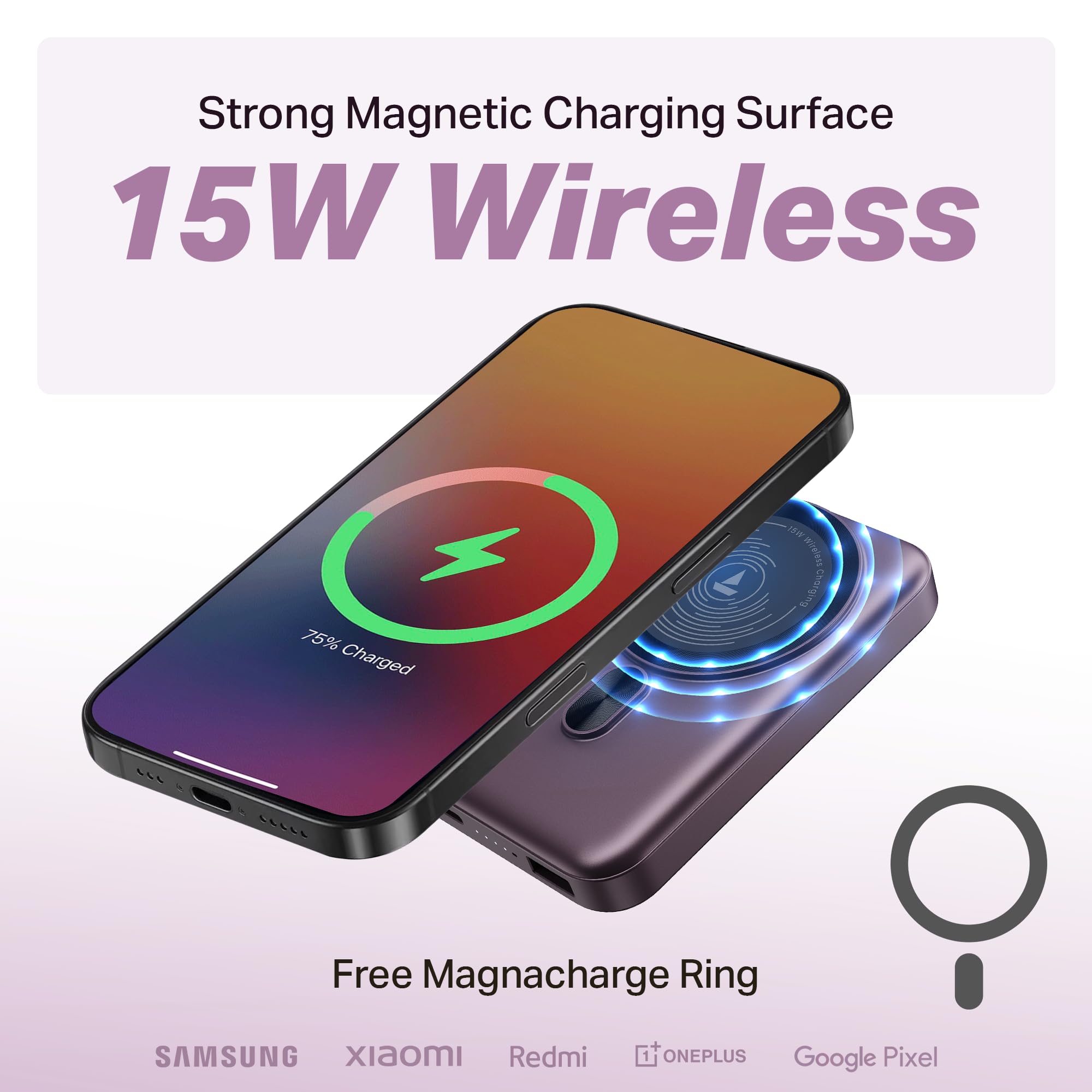 boAt EnergyShroom PB331 (Magsafe) 10000mAh Magnetic Wireless Powerbank, 15W Wireless & 22.5W Wired Charging for (iPhone 16, 15, 14, 13 & 12, Android & Other Qi Enabled Devices) (Purple) — Amazon image 5
