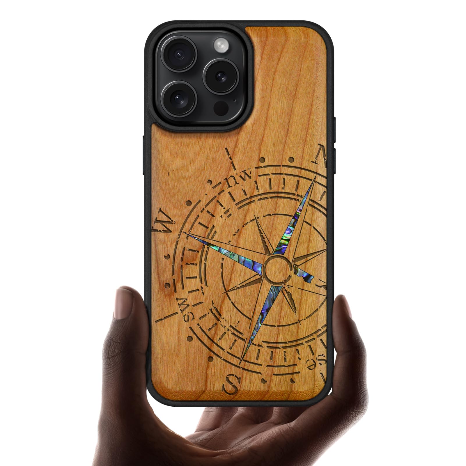 Carveit Handcrafted Case for iPhone 16 Pro Max, Compass, Cherry | iPhone 16 Pro Max Case Compatible with MagSafe Wireless Chargers, Wood Engraved & Shell Inlaid, TPU Shockproof Bumper Compass-Cherry
