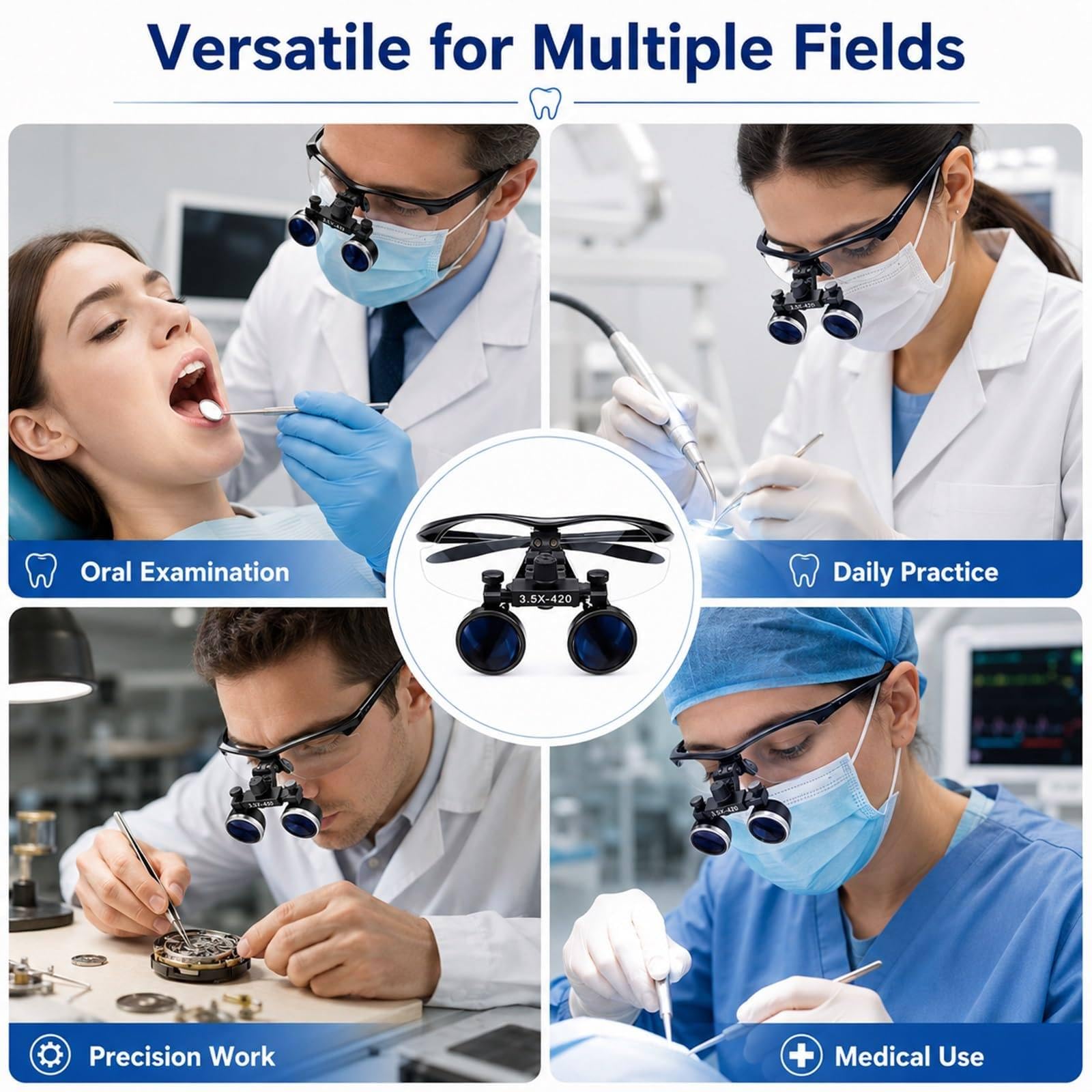 Lupa Binocular Dental, Lupa De Cabeza De 2,5X/3,5X, con Linterna Frontal Led De 5W, Lupa De Precisión para Laboratorio, Distancia De Trabajo De 320-420mm Blue-2.5X