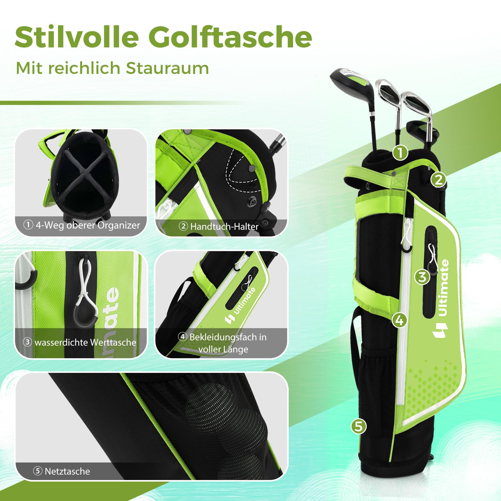 COSTWAY Kinder Golfschläger Set, Rechtshand Golfschlägersätze mit Golftasche & Regenhaube, Komplettes Golf Set inkl.7/9/S Eisen, 1 Driver, 4 Hybrid & Putter