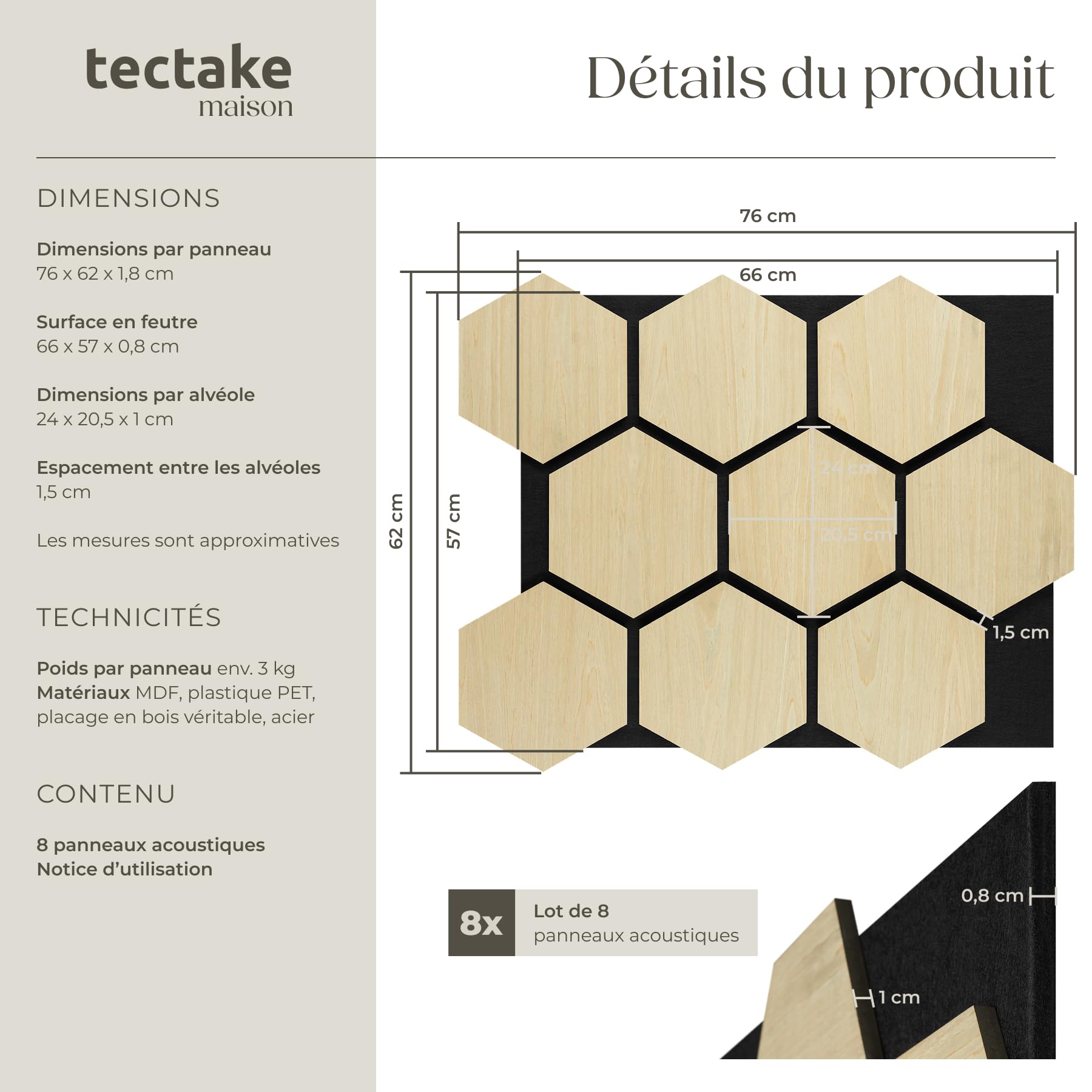 tectake® Panneaux acoustiques 76 x 62 cm, Lot de 8, Aspect Chêne, MDF et Placage en bois véritable, Découpables, Feutre insonorisant, Panneaux isolants phonique, Montage facile - Chêne Clair