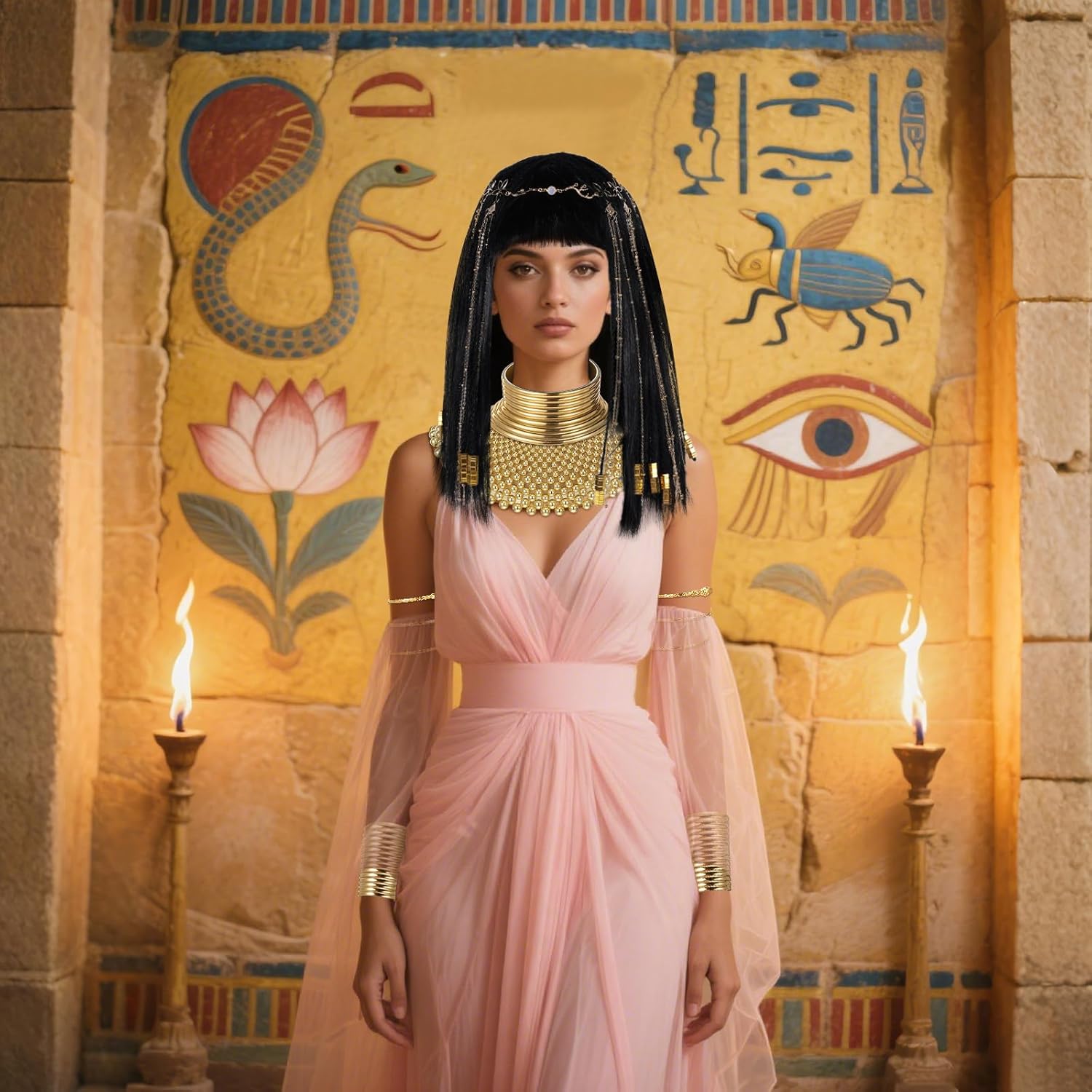 Yunlly 6 Pcs Egyptian Queen Costume Set for Women Black Braided Wig Gold Snake Headpiece Bib Necklace Choker Set Face Veil Arm Cuffs for Halloween - Image 5