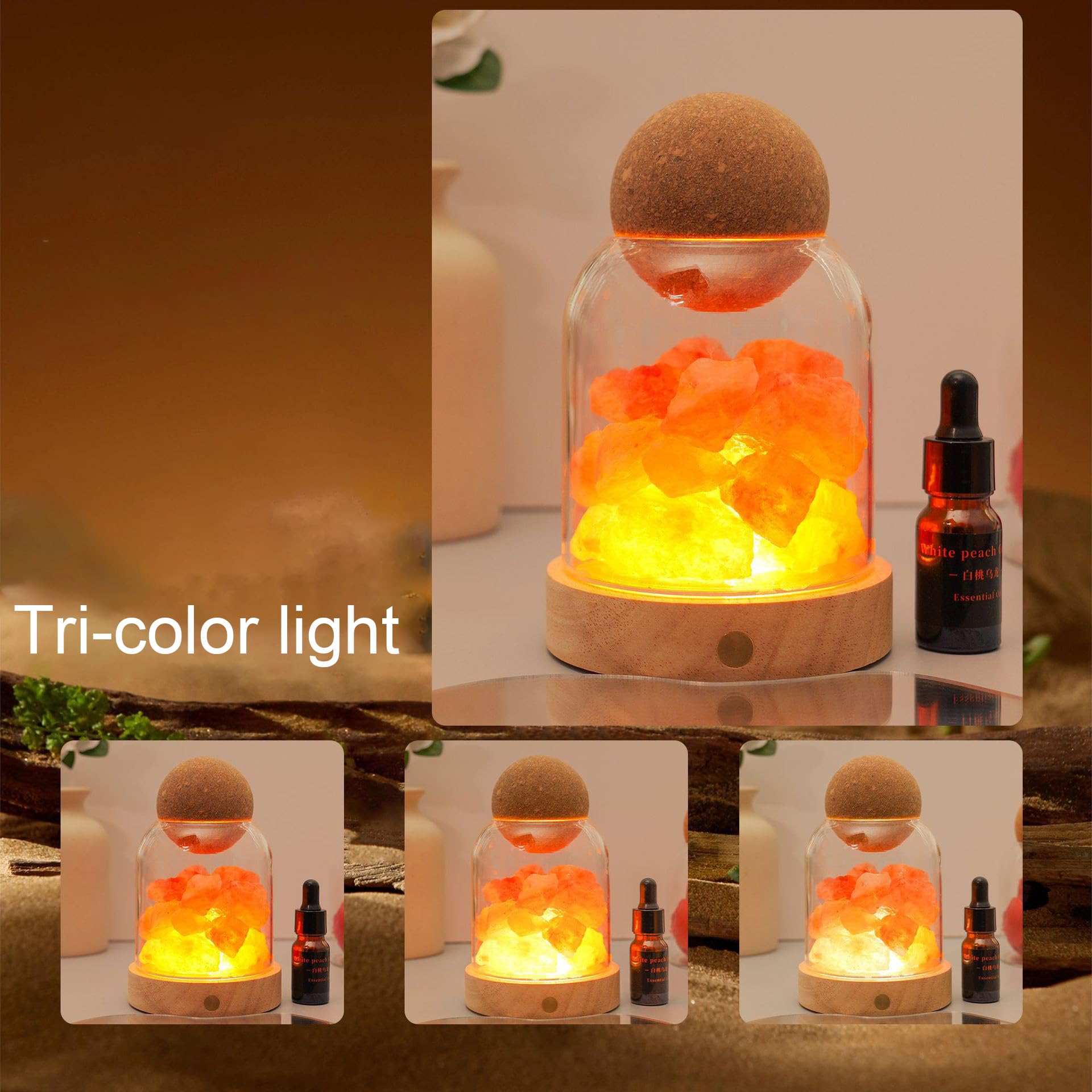 Lampka nocna z kryształu soli, naturalny dyfuzor zapachowy, port USB, 3 tryby kolorów, możliwość ściemniania, dekoracja do sypialni, biura, spa wellness i relaksu