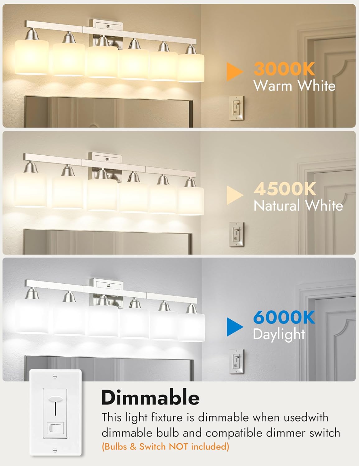 VOLISUN Brushed Nickel Bathroom Light Fixtures, 6-Light Bathroom Vanity Lights Over Mirror, Modern Vanity Light for Bathrooms, Bathrooms Lights Fixtures Over Mirror with Milky White Glass Shades