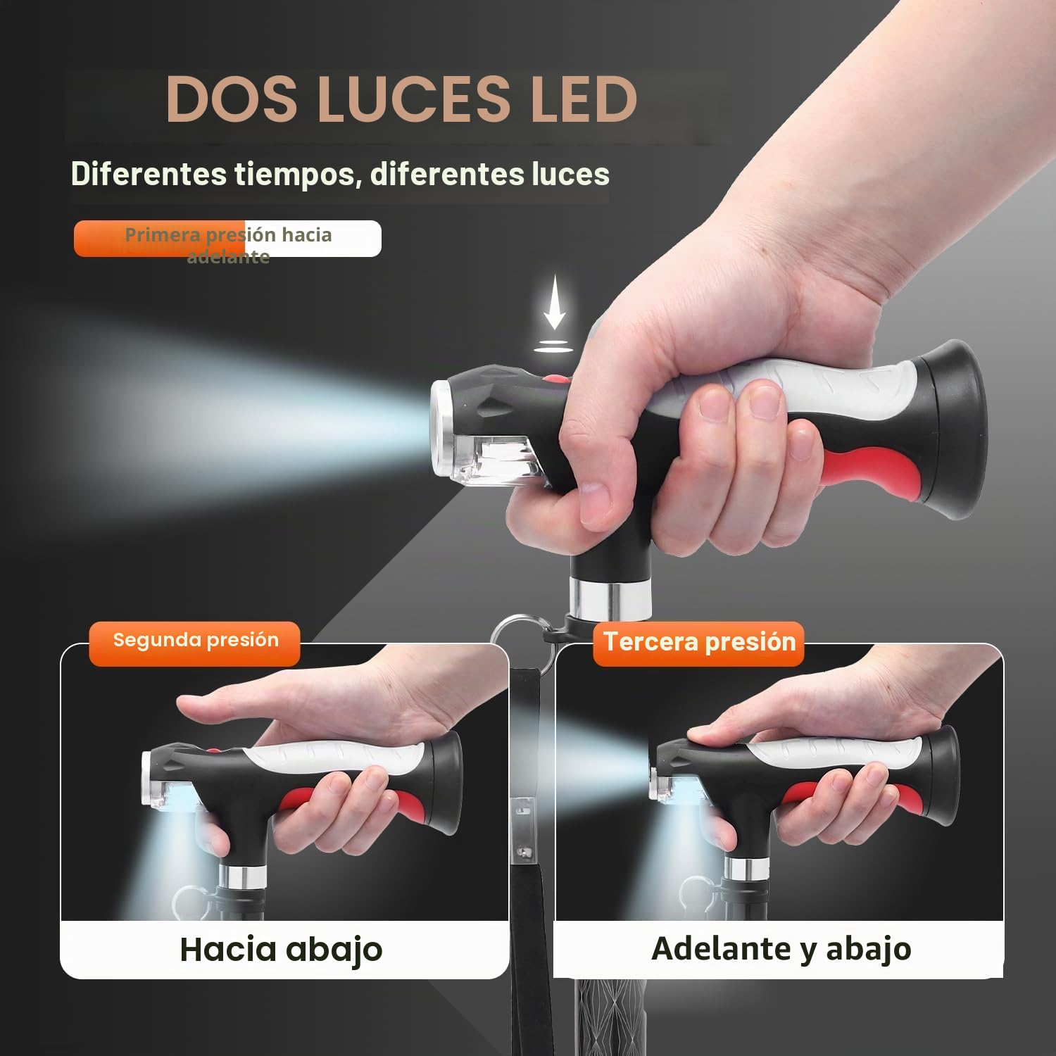 BeneCane Bastón con Dos Luces LED para Hombres y Mujeres, bastón de Altura Ajustable con Base Estable, bastón Plegable con Mango en T, Ligero, Ayuda a Caminar a los Ancianos