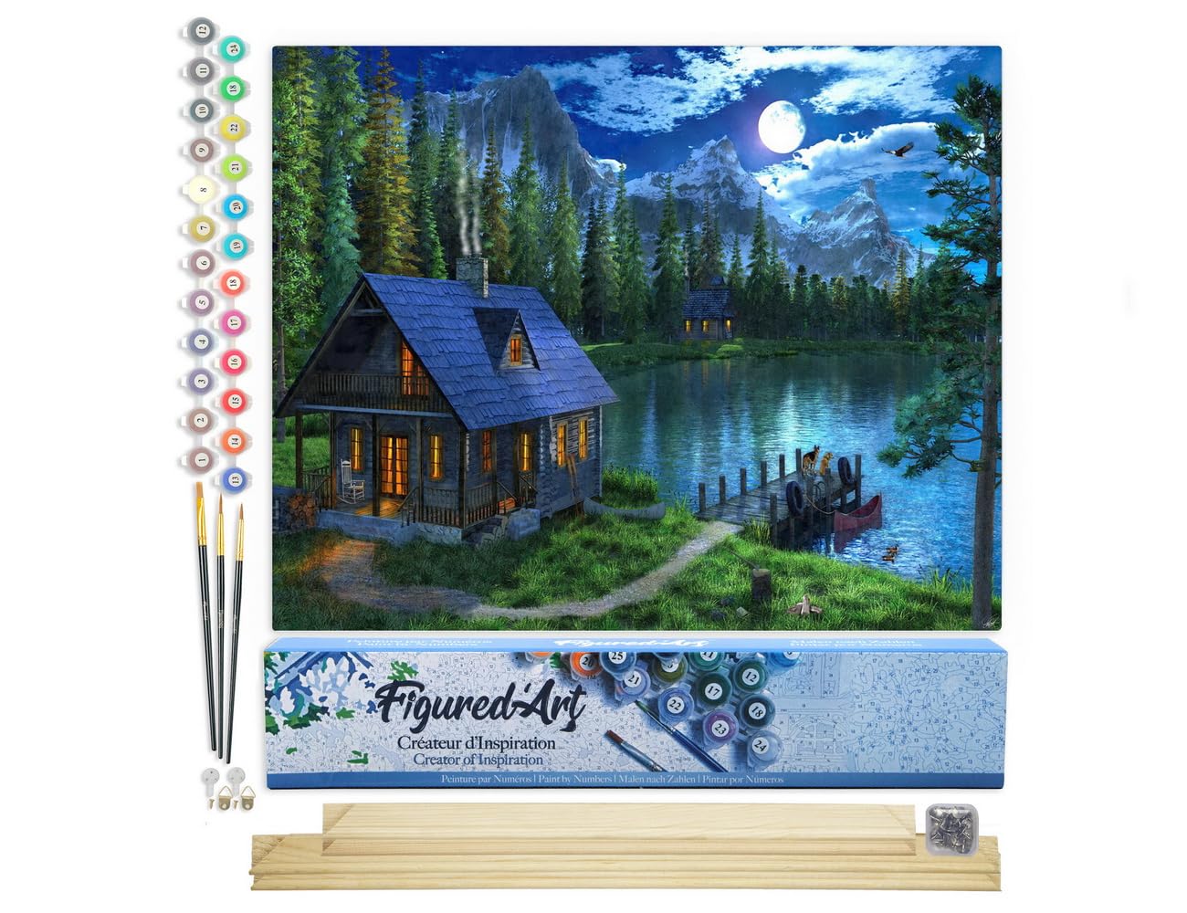 Figured'Art Paint by Numbers for Adults Nocturnal Lake 40x50cm - Craft Art Painting Rolled Canvas with DIY Wooden Frame