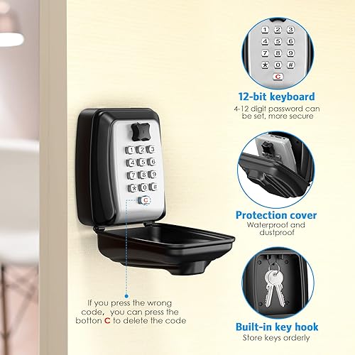 Miniatura 6 de AMIR Caja de bloqueo de llave para exterior, caja de seguridad montada en la pared para llave de casa, caja de almacenamiento de llaves de
