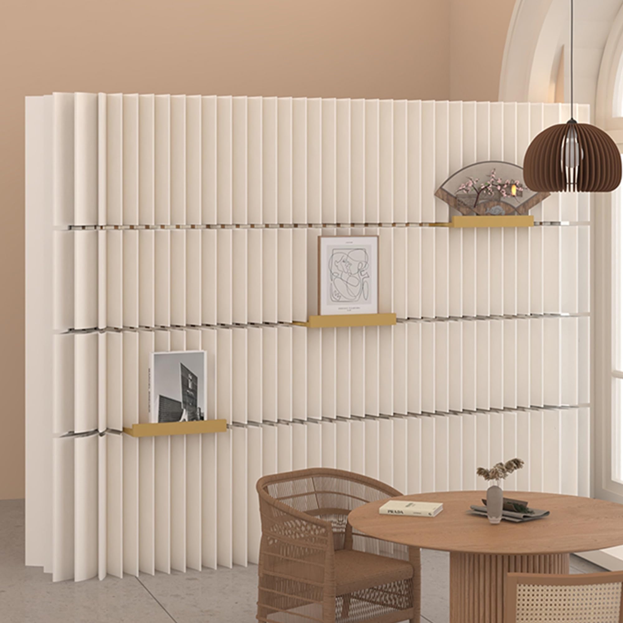 Divisorio pieghevole con ripiano portaoggetti, divisorio espandibile per casa e ufficio, design moderno leggero per negozi ed esposizioni
