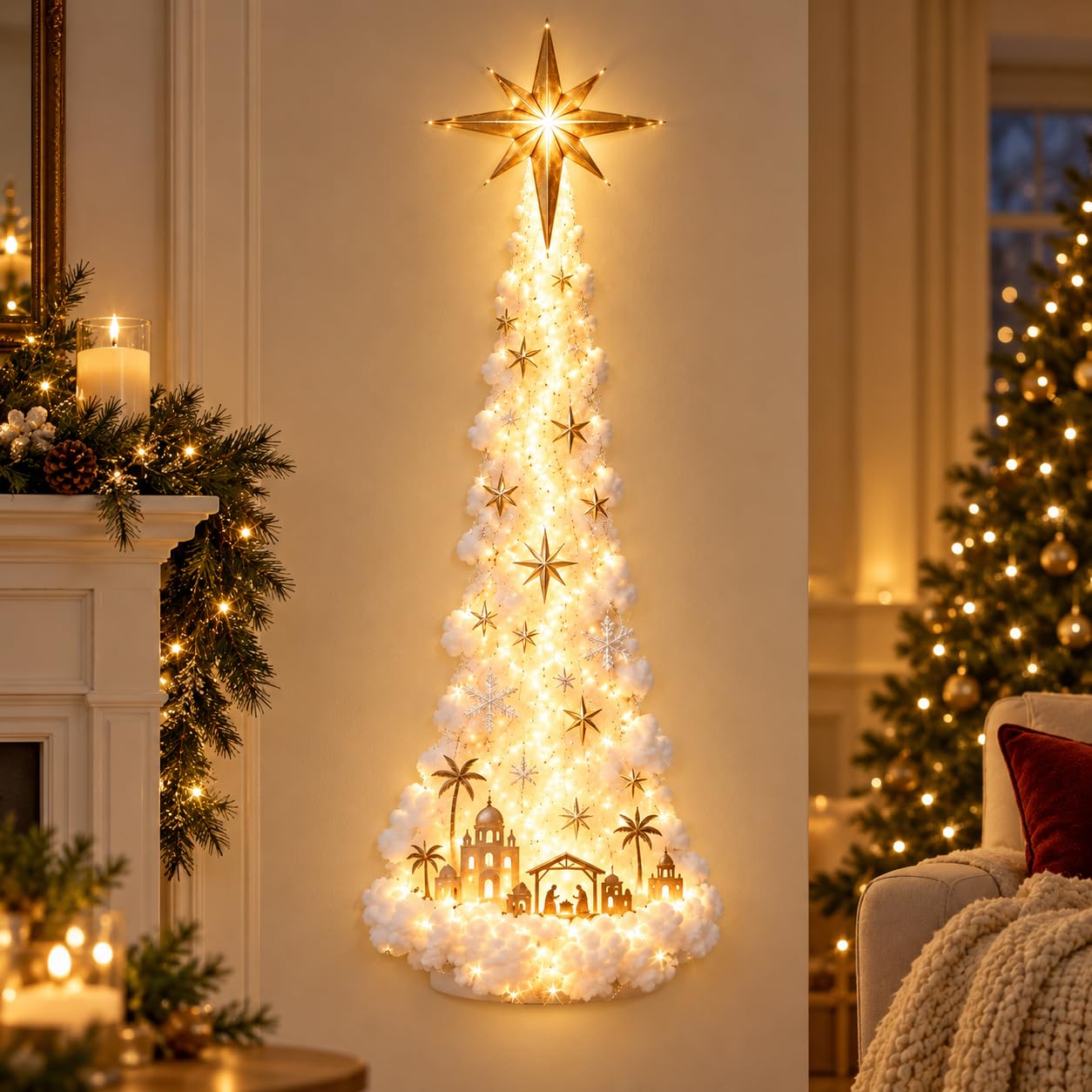 Christmas Ornaments, Christmas Magic Trail Wall Light Led Cascading Sparkling Snow Rustic with Snowman Santa Reindeer Lights Indoor Outdoor Doors Walls Mantel Decor Xmas Decorations