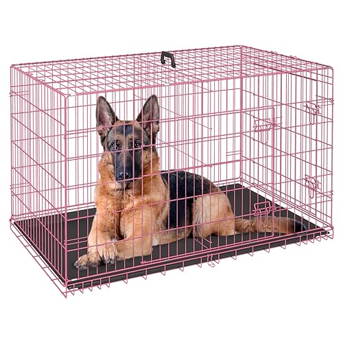 FDW Dog Crate for Large Dogs 48 Inch Folding Metal WirePet Cage Double Door W/Divider Panel Indoor Outdoor Kennel Leak-Proof Plastic Tray,Pink - Pink - 48 Inch Double Door