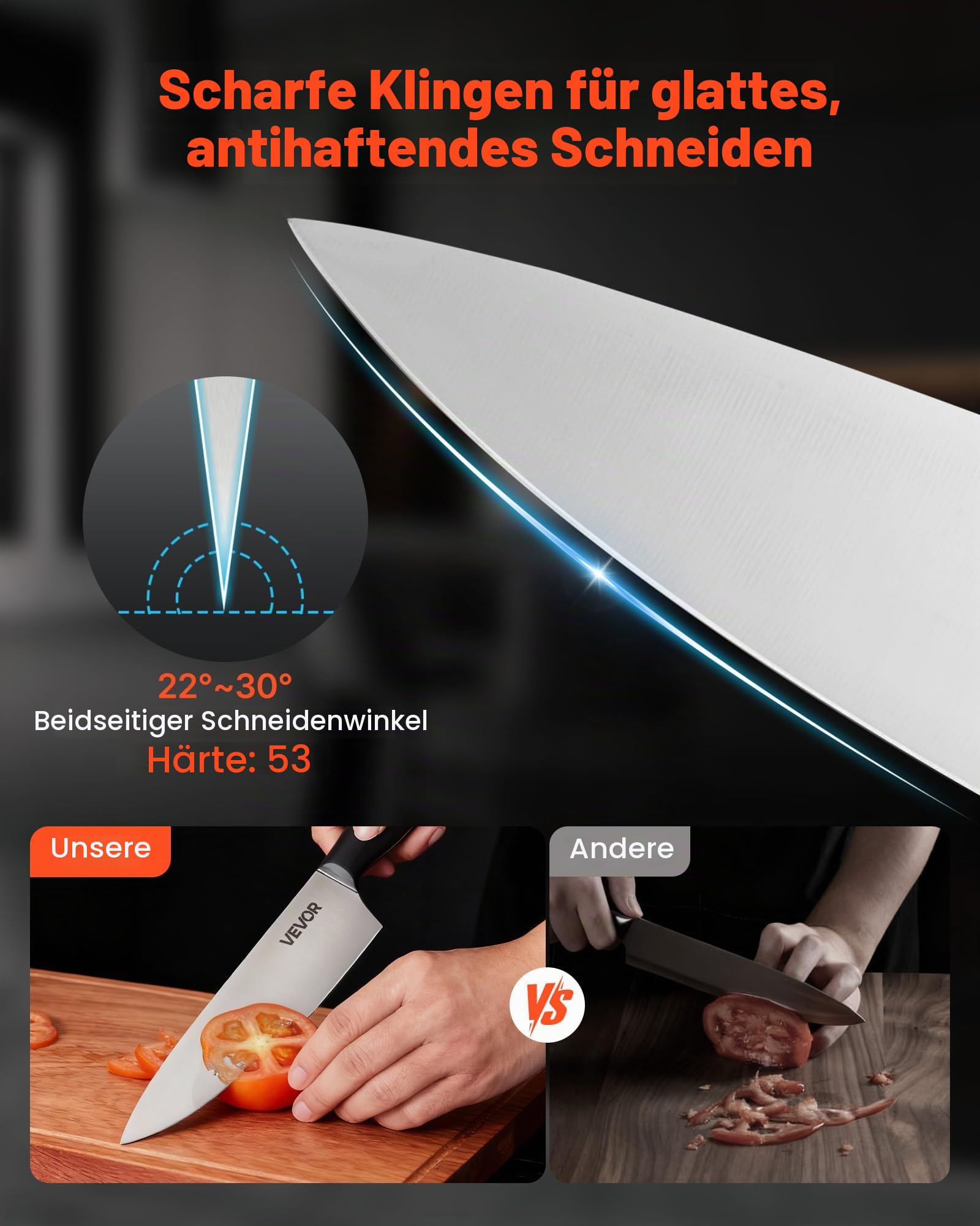 VEVOR Küchenmesserset mit Messerblock (Holz) & Wetzstahl, 15-tlg. Messerset, Messer aus hochkohlenstoffhaltigem Edelstahl, Küchenbesteck mit ergonomischem Griff & Küchenschere für Hobbyköche