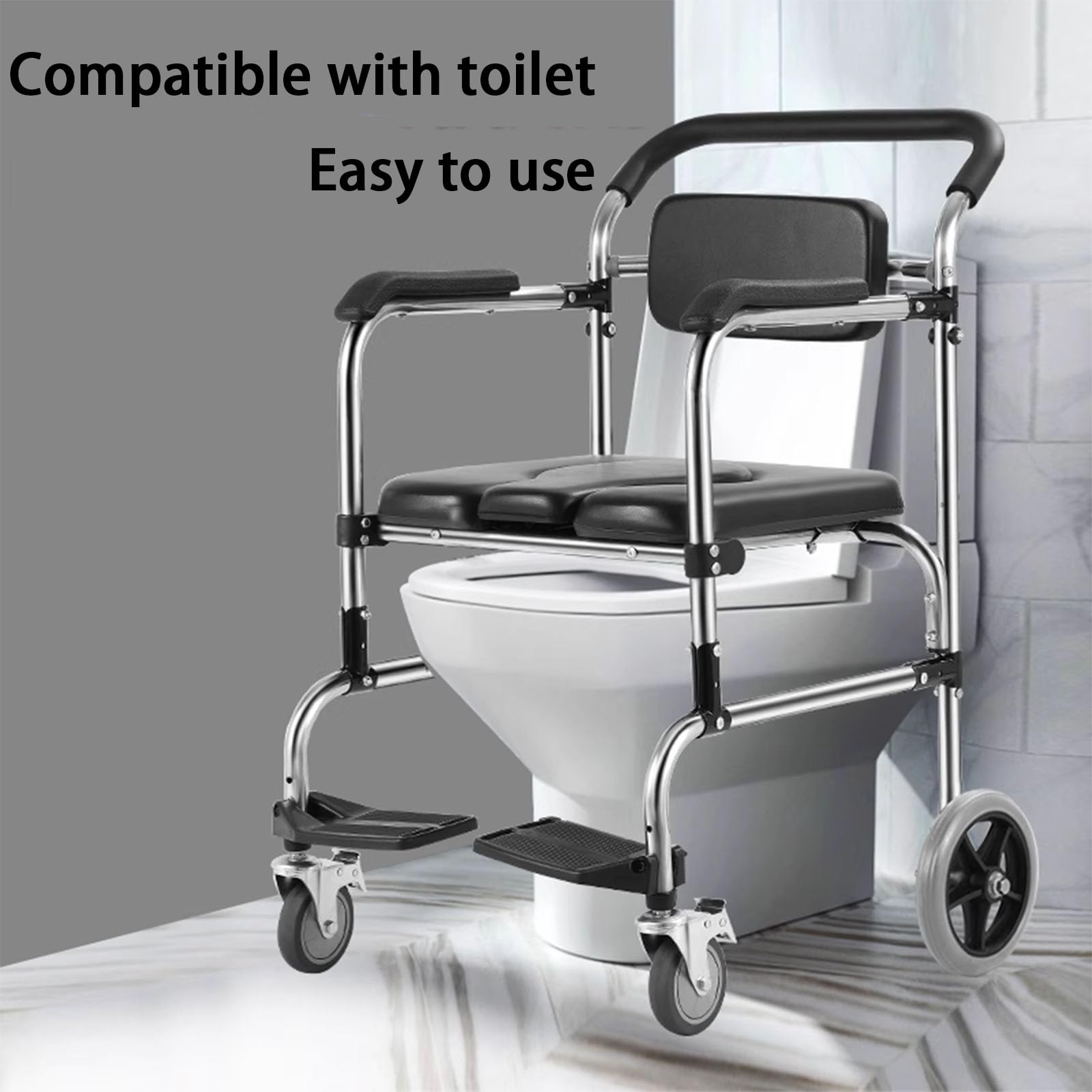 Silla de baño móvil Plegable, 3 en 1, Ligera, con Inodoro y Ducha, Ayuda para Levantar Pacientes, con Respaldo y Pedales (92 x 75 x 62 cm)