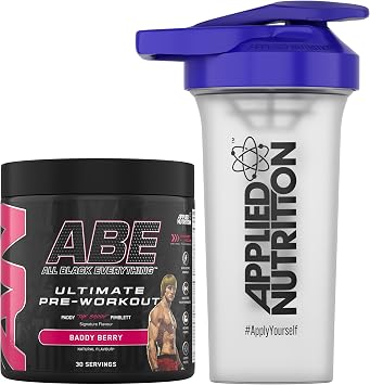 Applied Nutrition Bundle ABE Pre Workout 375g + 700ml Protein Shaker | All Black Everything Pre Workout Powder, Energy & Physical Performance with Creatine, Beta Alanine Baddy Berry