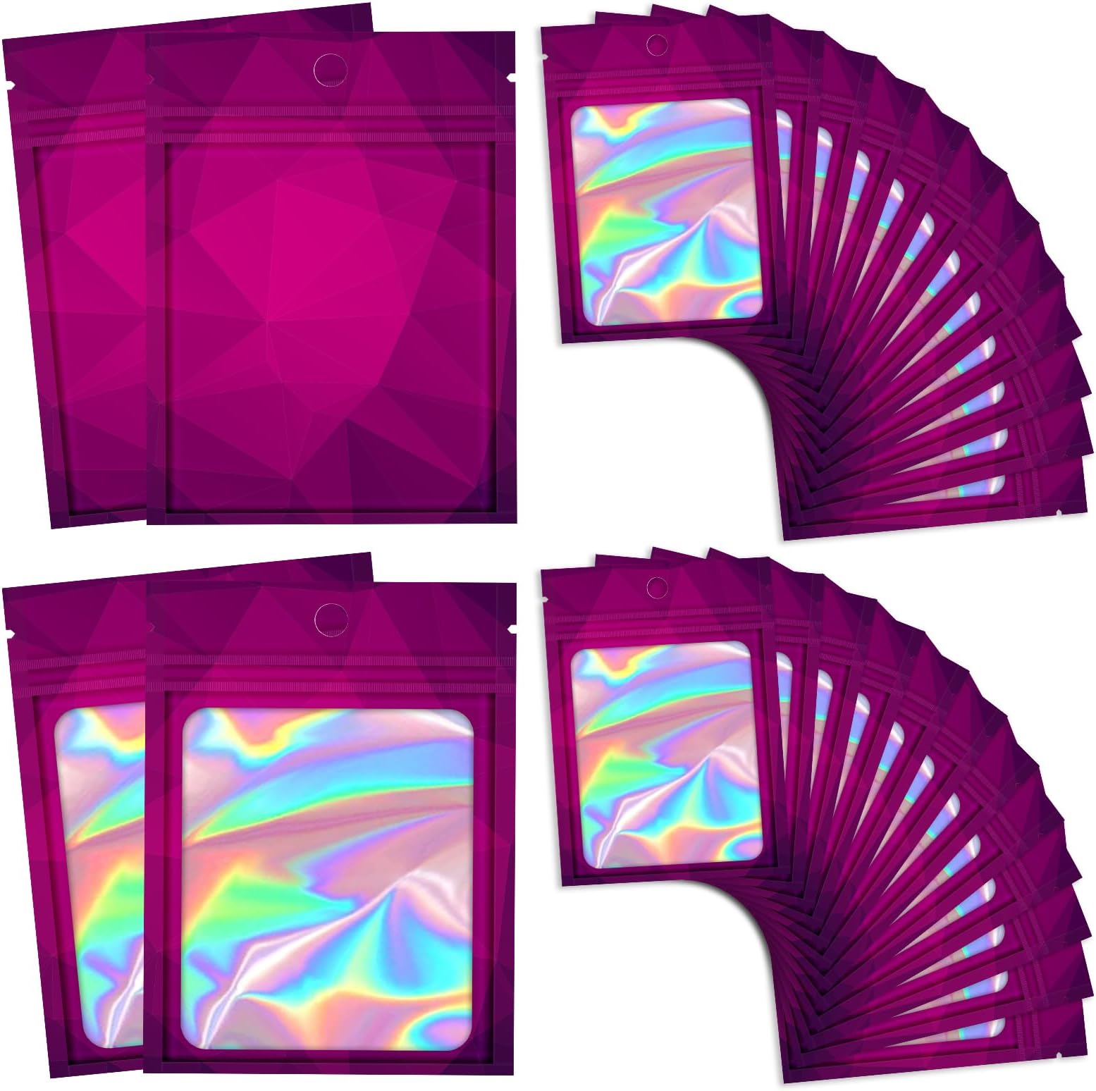 100 Pieces Resealable Bags with Clear Window, Holographic Gradient Packaging Bags Transparent Small Business Pouch Party Mylar Ziplock 3.5 Bags Sample Bags