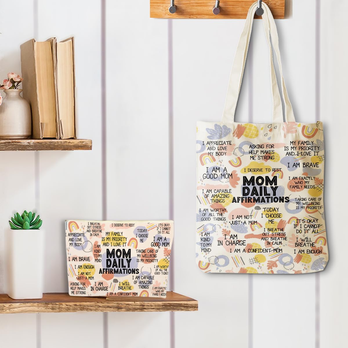 Daily Affirmations for Women, 2PCS Cosmetic Bag Canvas Tote Bag Beach Bags with Pocket Makeup Bags Mom Gifts Mental Health Gifts Inspirational Gift for Women Mother Mama Daughter Birthday Mothers Day - Image 4
