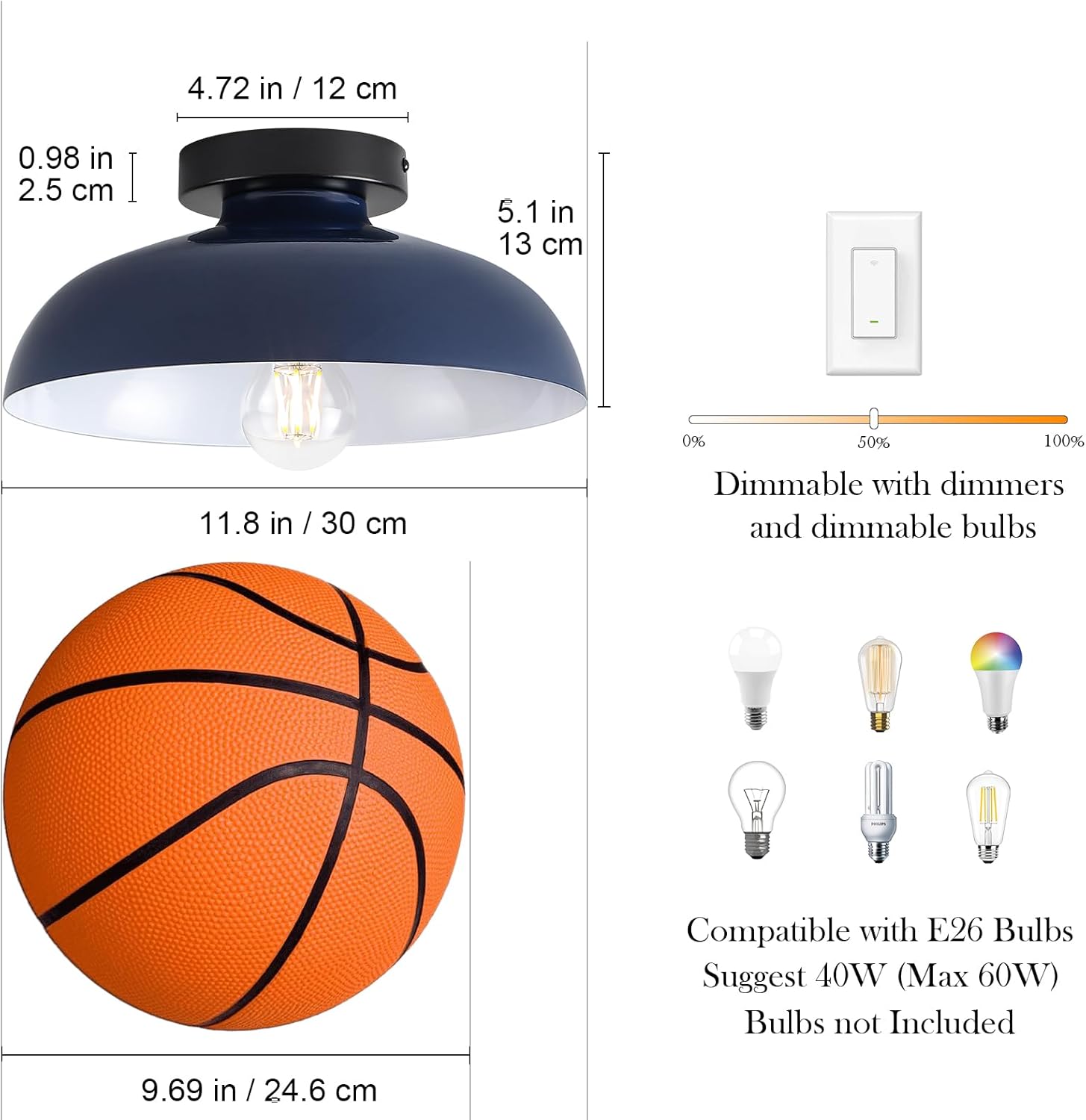 12 Inch Metal Semi Flush Mount Ceiling Light Fixture Industrial Small Ceiling Lights Kitchen Lighting Fixtures Ceiling with Navy Blue Shade for Hallway Entryway Bedroom Foyer Bathroom Laundry Room