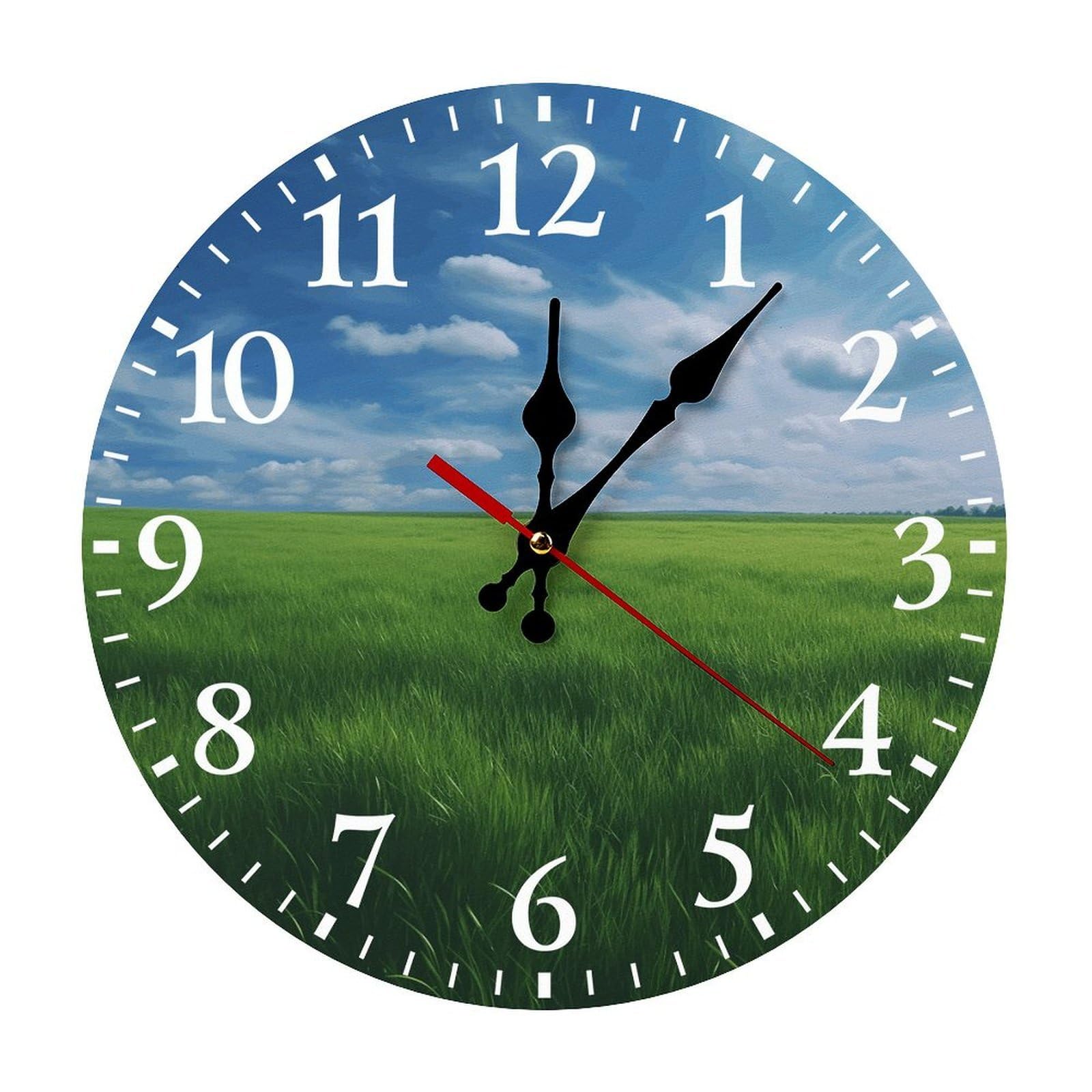 NTVOWPZO 10 Inch Wall Clock Field Green Grass Battery Operated Wall Clocks Silent Non-Ticking Round Wall Clock for Living Room Kitchen Home Office Wall Decorative Clock