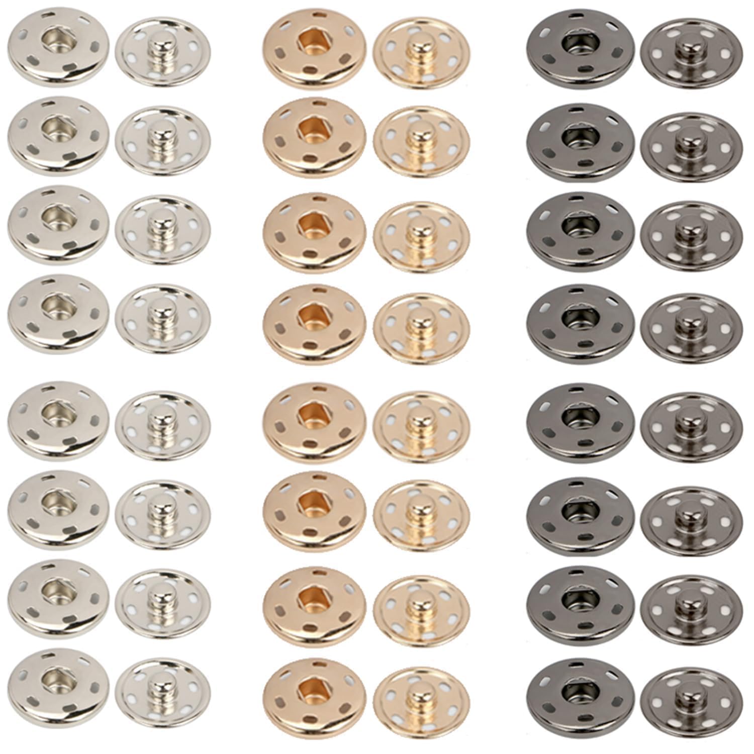 24 Sets 21mm Poppers Fasteners Kit, Press Studs Snap Fasteners Sew On Black Snap Buttons Silver Popper Gold Popper Fasteners Popper Snaps DIY Set Press Studs