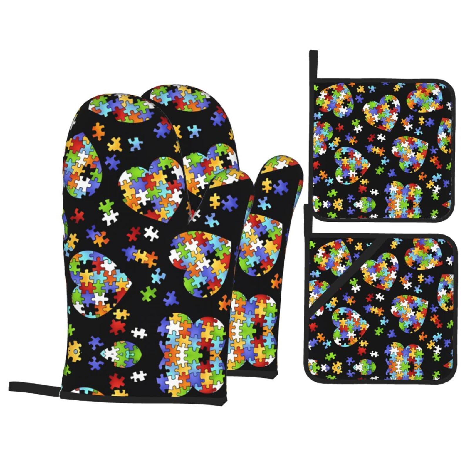 WHJDPP Autism Awareness Puzzle Pieces Heart Prints Kitchen Baking 4-Piece Set with Heat Resistant Pot Holders & Oven Mitts - Waterproof Layer for Easy Clean, Great for Grilling & Baking