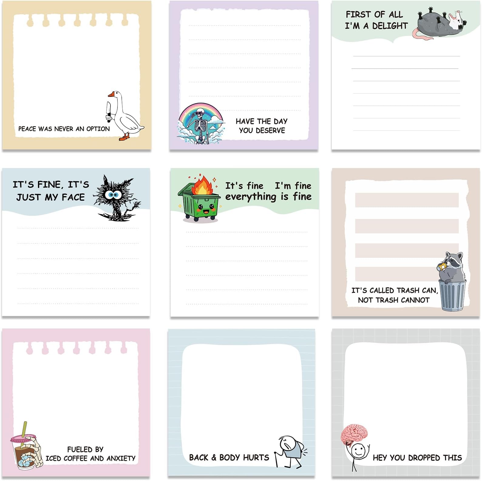 Funny Sticky Notes - 9 PCS Fun Self Adhesive Notepads Sarcastic Novelty to Do List Memo School Office Supplies Dumpster Fire Desk Accessories for Coworker Boss Teacher