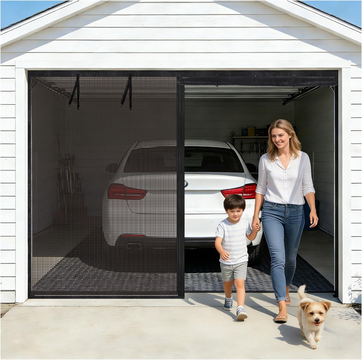 Garage Door Screen 2 Car Garage 16x7Ft, Heavy Duty Magnetic Hands-Free Closure, Fiberglass Mesh Garage Screen Door, Roll Up Design, Pet Safe, Breeze in & Bugs Out