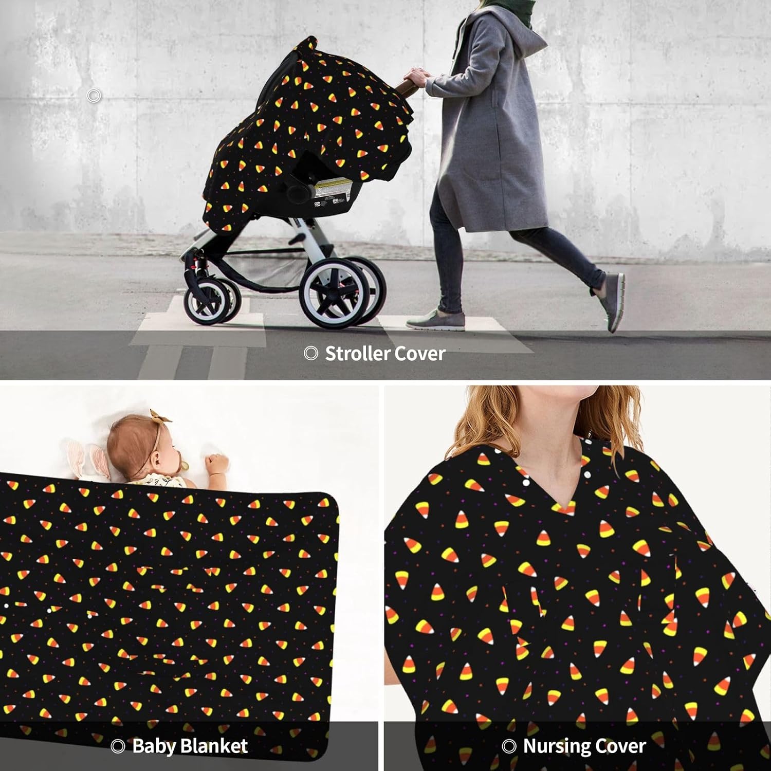 Halloween Candy Corn Pattern Baby Car Seat Cover & Nursing Cover - Breathable Stretch Multi-Use Cover for Breastfeeding, Stroller Sunshade & Infant Carrier