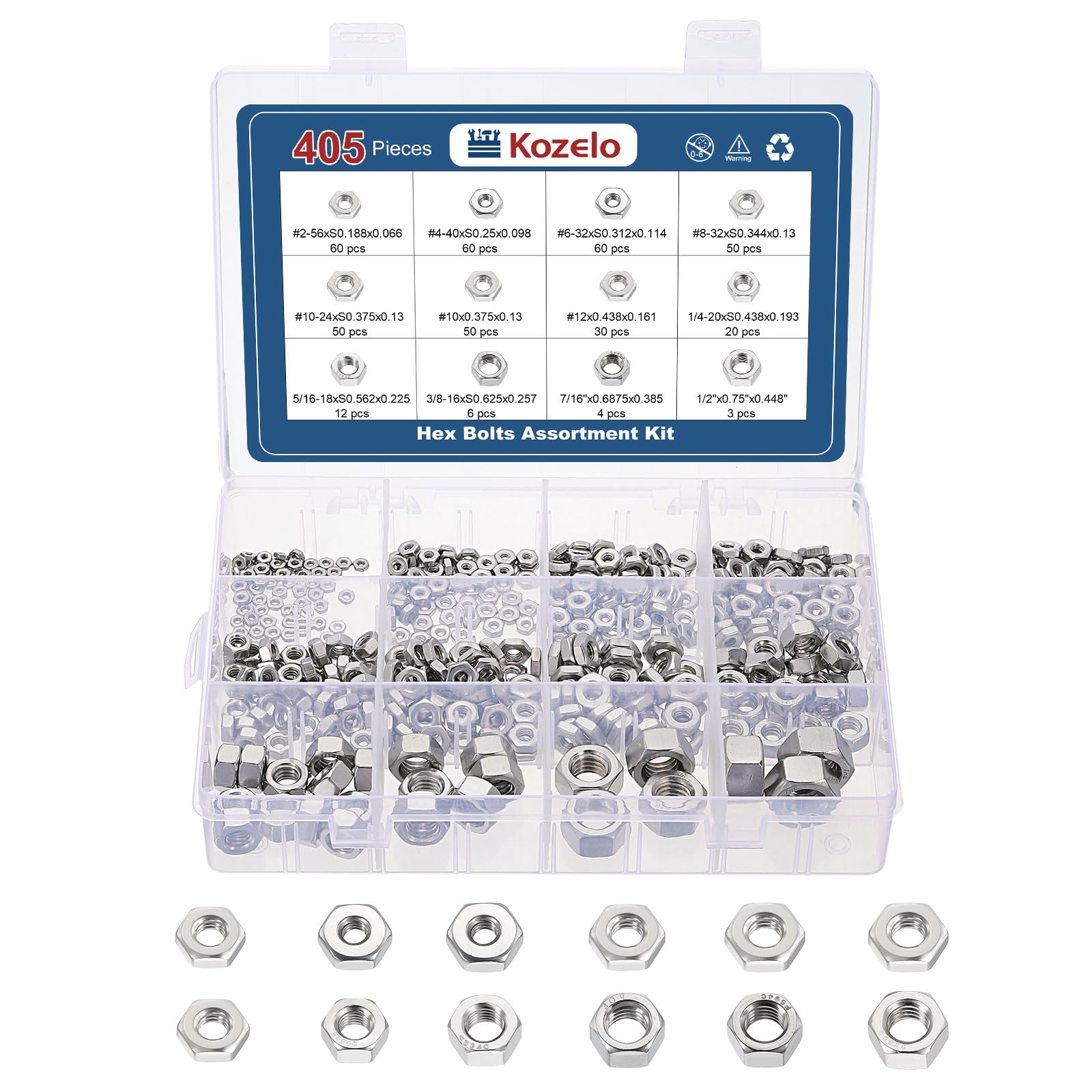 Kozelo 405pcs Hex Nuts Assortment Kit - [#2#4#6#8#10-24#10-32#12 1/4" 5/16" 3/8" 1/2" 7/16"] 304 Stainless Steel 18-8 (A2-70) Hardware Nuts for Mechanical Repair & Assembly, Silver