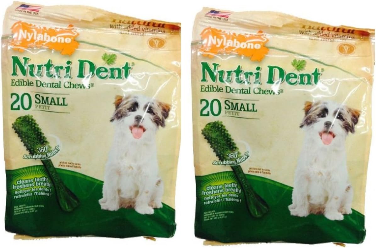 Nylabone Nutrident Edible Dental Chews Chicken Flavor for Dogs, Small Size, 20 Count Each Bag(Pack of 2)