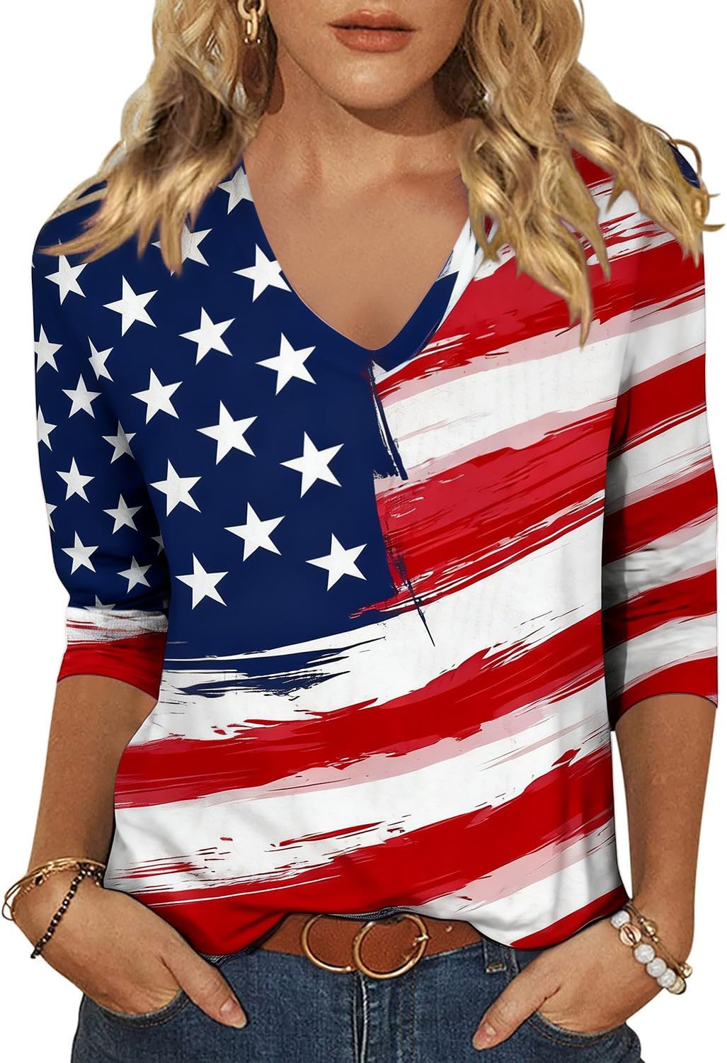 Vircreate Womens 3/4 Sleeve V Neck T-Shirts 4th of July Shirts American Flag Star Graphic Tee Tops