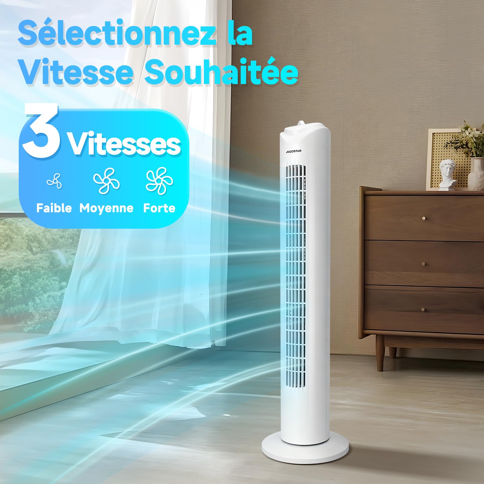 Aigostar Ventilateur Colonne Silencieux 81CM, 3 Vitesses,Oscillation 70°, Minuteur 2H, Blanc,Ventilateur Tour Puissant 45W,Économique pour Salon Bureau Chambre -Benson White