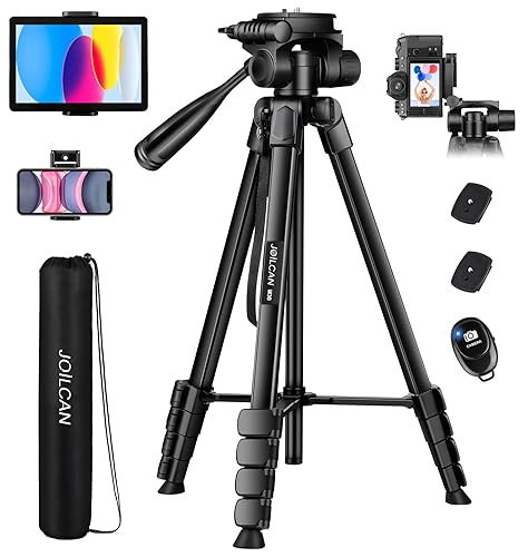 JOILCAN Camera Tripod, 68" Tablet Tripod Stand for Phone Cameras, Travel Tripods Compatible with iPad iPhone DSLR SLR Projector, Cell Phone Tripods Stand with Remote/Travel Bag / 2 in 1 Mount - 68" - Black