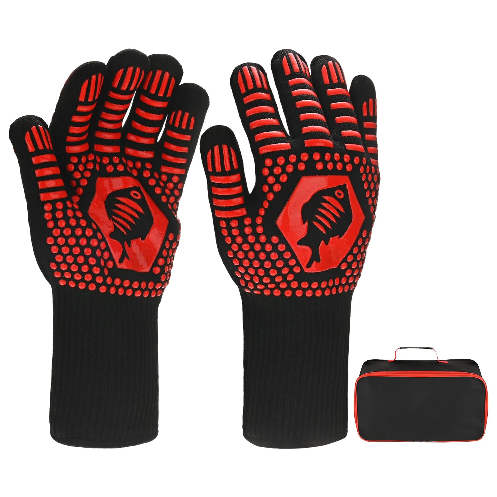 Gants de barbecue M METERXITY anti-chaleur 800°C rouge arête de poisson