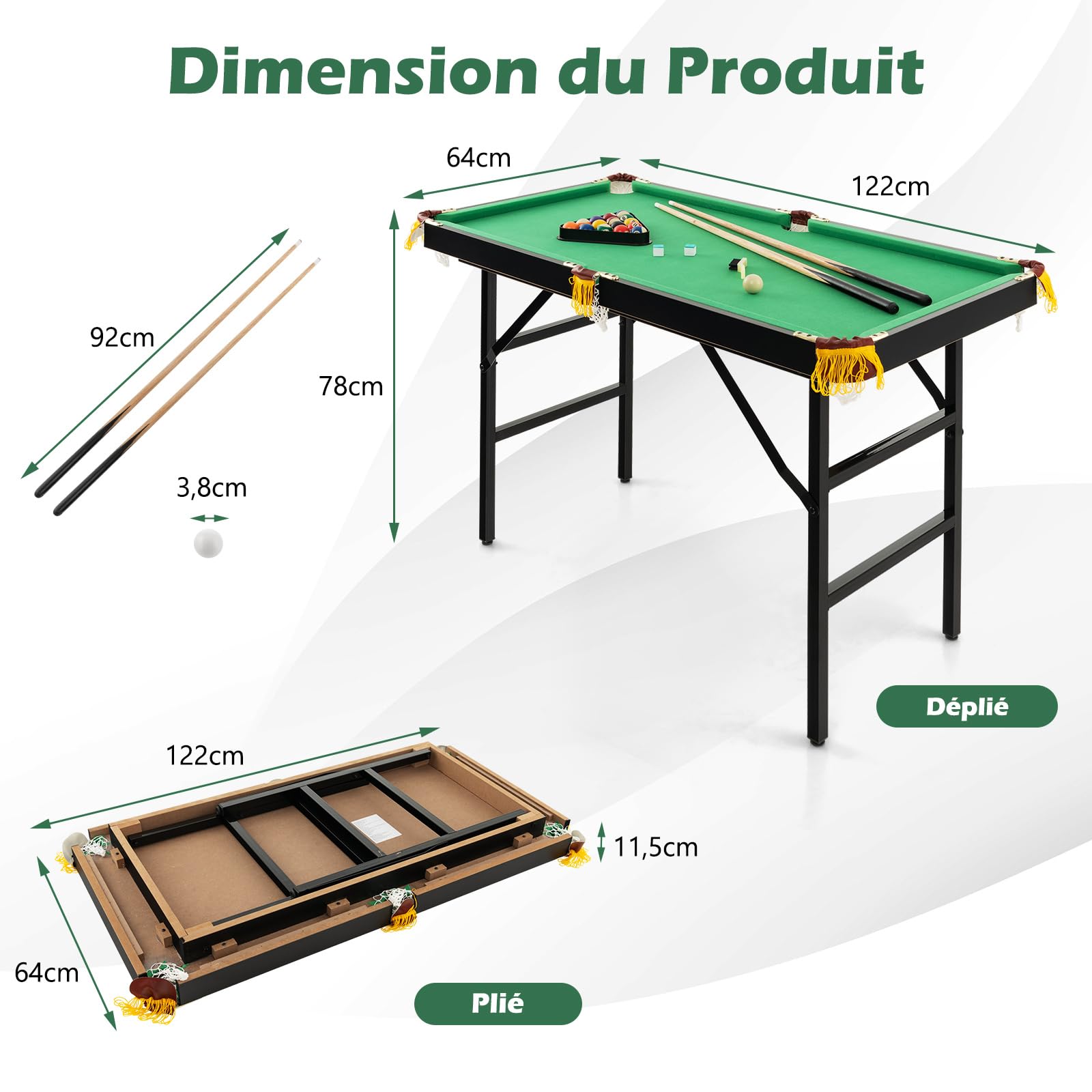 COSTWAY Table de Billard Americain 122cm avec Accessoires(2 Queues, 16 Boules, Triangle, 2 Craies, Brosse), Jeu de Billard Pliable avec Pieds Réglables, pour Enfants Adultes, 122x64x78 cm