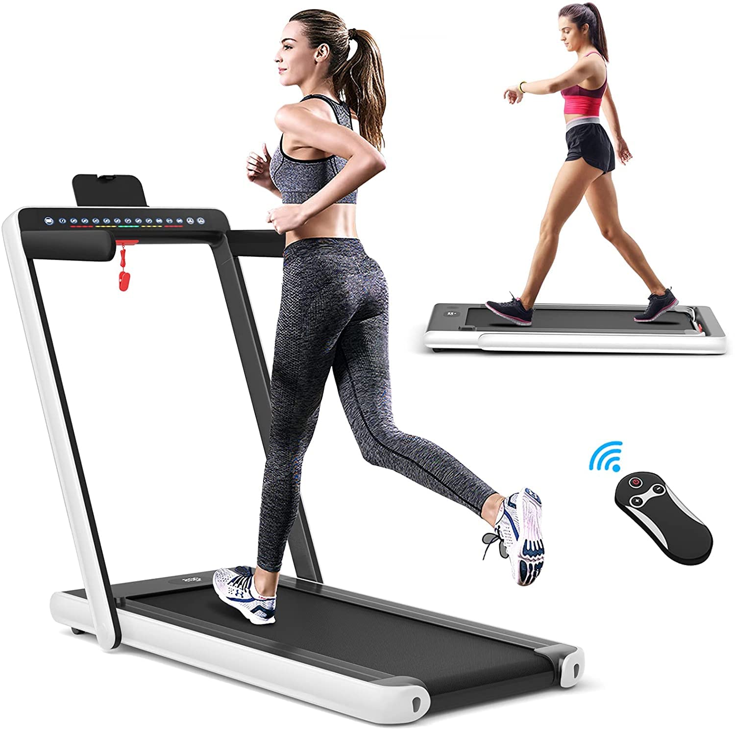 COSTWAY2 in 1 Under Desk Treadmill, 2.25HP Folding Walking Running Machine with Dual LED Displays, Bluetooth Speaker & Remote Control, Electric Motorized Treadmills for Home Office