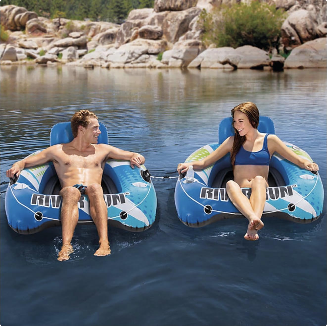 Intexx River Run Inflatable Water Float, 2-Pack – Lounge-Style Tube with Cup Holders, Backrest & Mesh Bottom – Ideal for River, Lake, or Pool