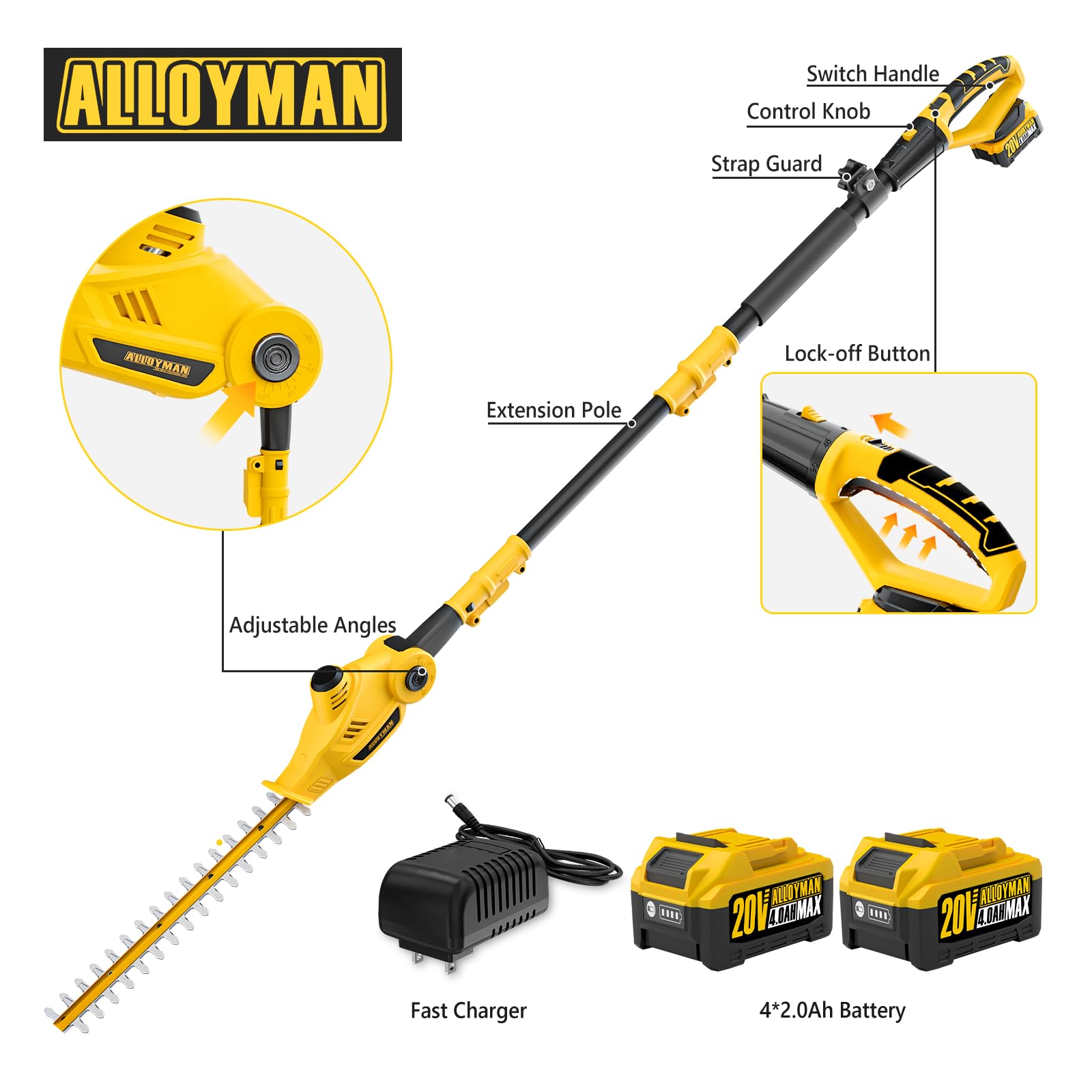 Alloyman Cortasetos de Poste de 20V máximo, Cortasetos telescópico, con 2 Paquetes de baterías de 2,0 Ah y Cargador, Cortasetos de 8 pies para podar arbustos