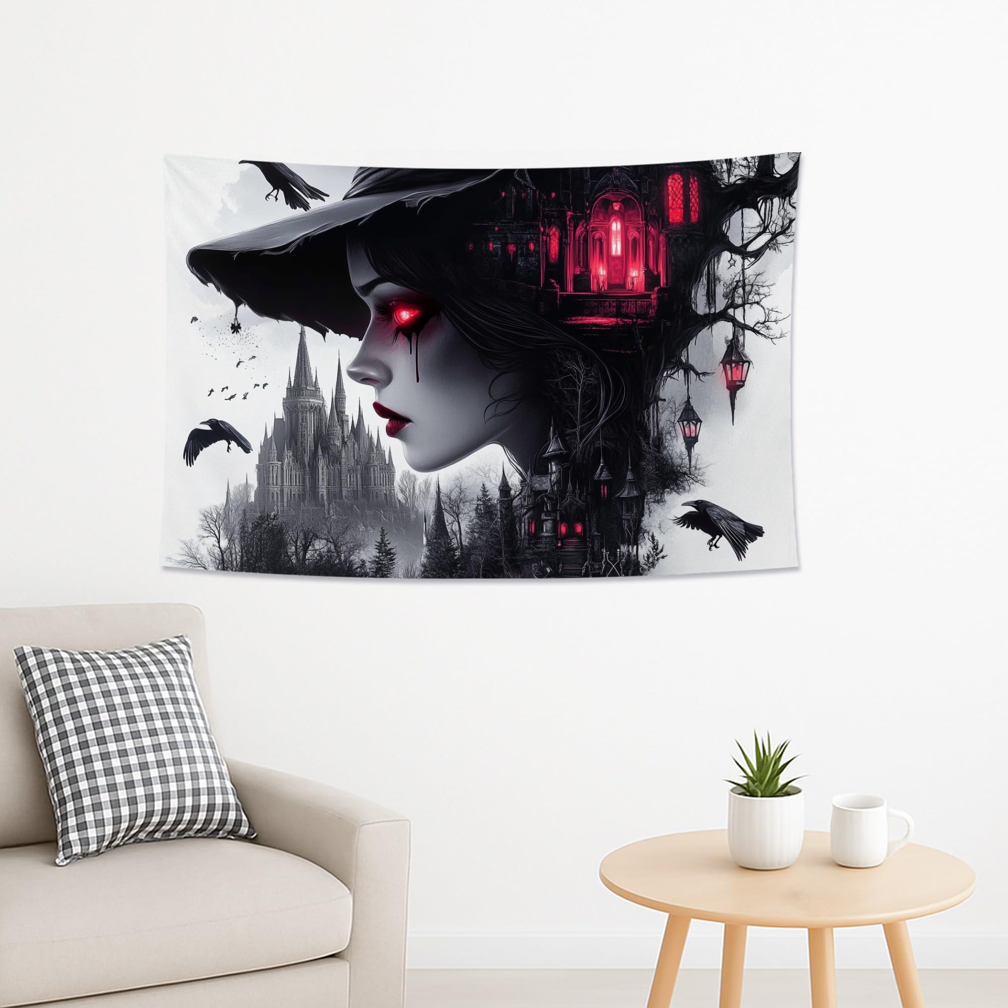 Creepy Castle Black and Red Tapestry, Gothic Forest Wall Art for Halloween Decor, Spooky Tapestries Aesthetic for Living Room, Bedroom, Dorm 60x40 Inch