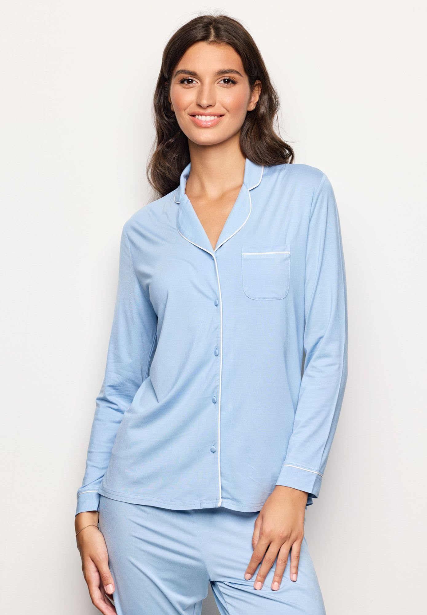 YAMAMAY - Maglia del Pigiama Maniche Lunghe, Donna, Celeste, 93% Modal 7% Elastan, Modal lenzing, Monocromo