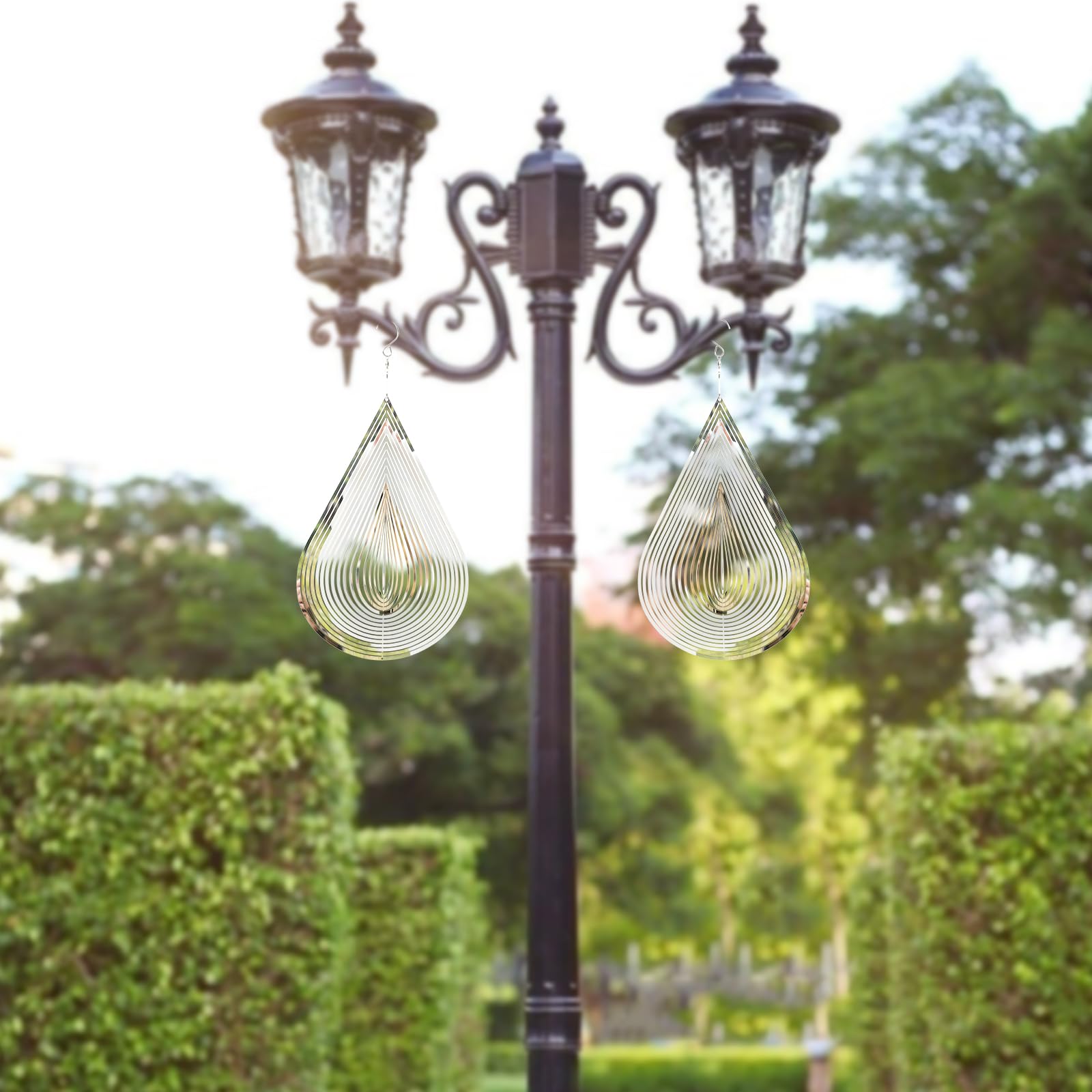CosyCorner Windspiel mit fließendem Lichteffekt, Hofdekorationen aus Edelstahl, Haus hängende Dekoration, 30,5 x 20,3 cm, Spinner mit einem um 360° drehbaren Haken (Wassertropfen, Silber)