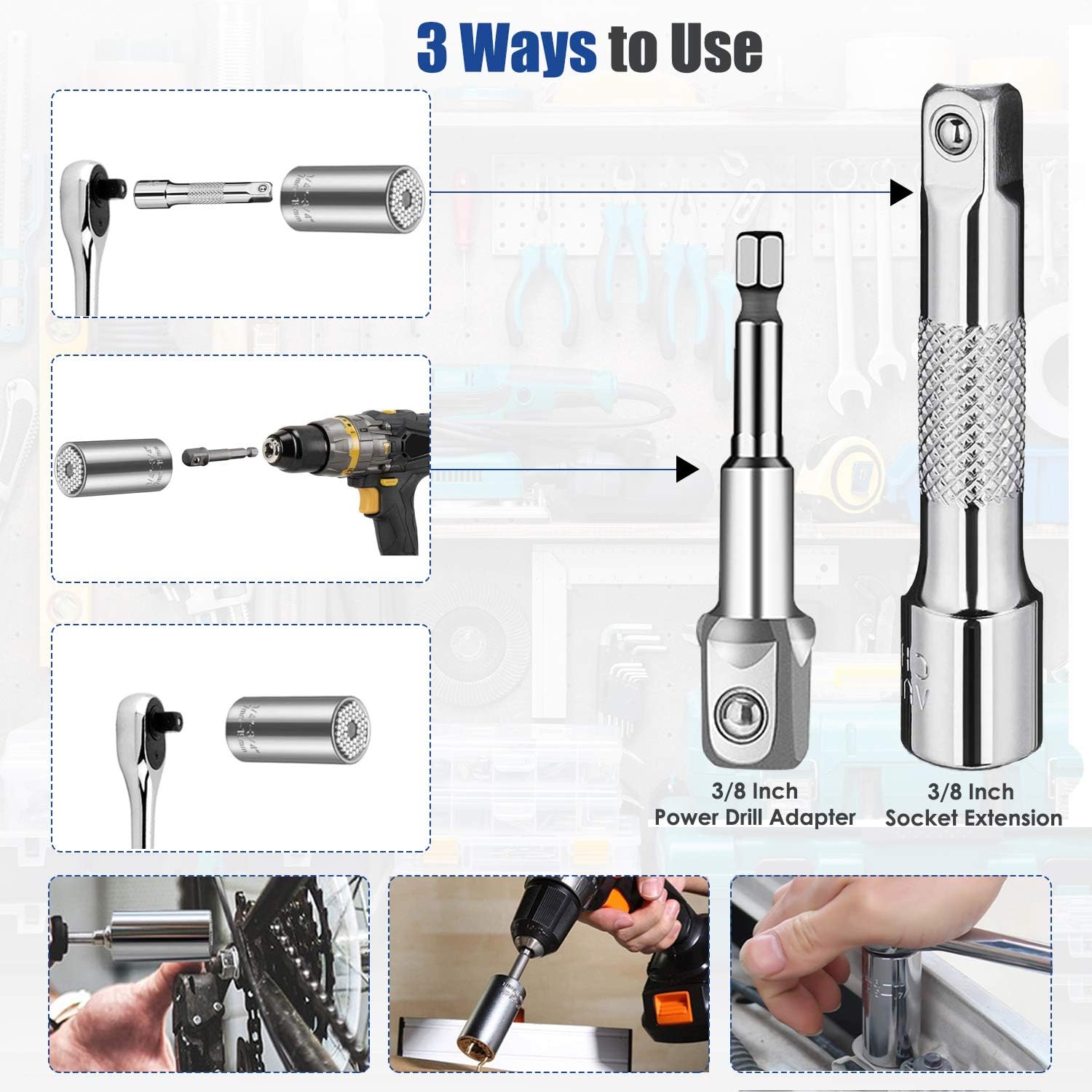 Tech Deals 🔥 URGENEX Universal Socket Gift For Men - 3Pcs Universal Socket (7-19mm) Grip Tool Wrench Sets Repair Kit with Power Drill & Ratchet Wrench Adapter Gift For Dad, Boyfriend, Husband, Diy Handyman Silver