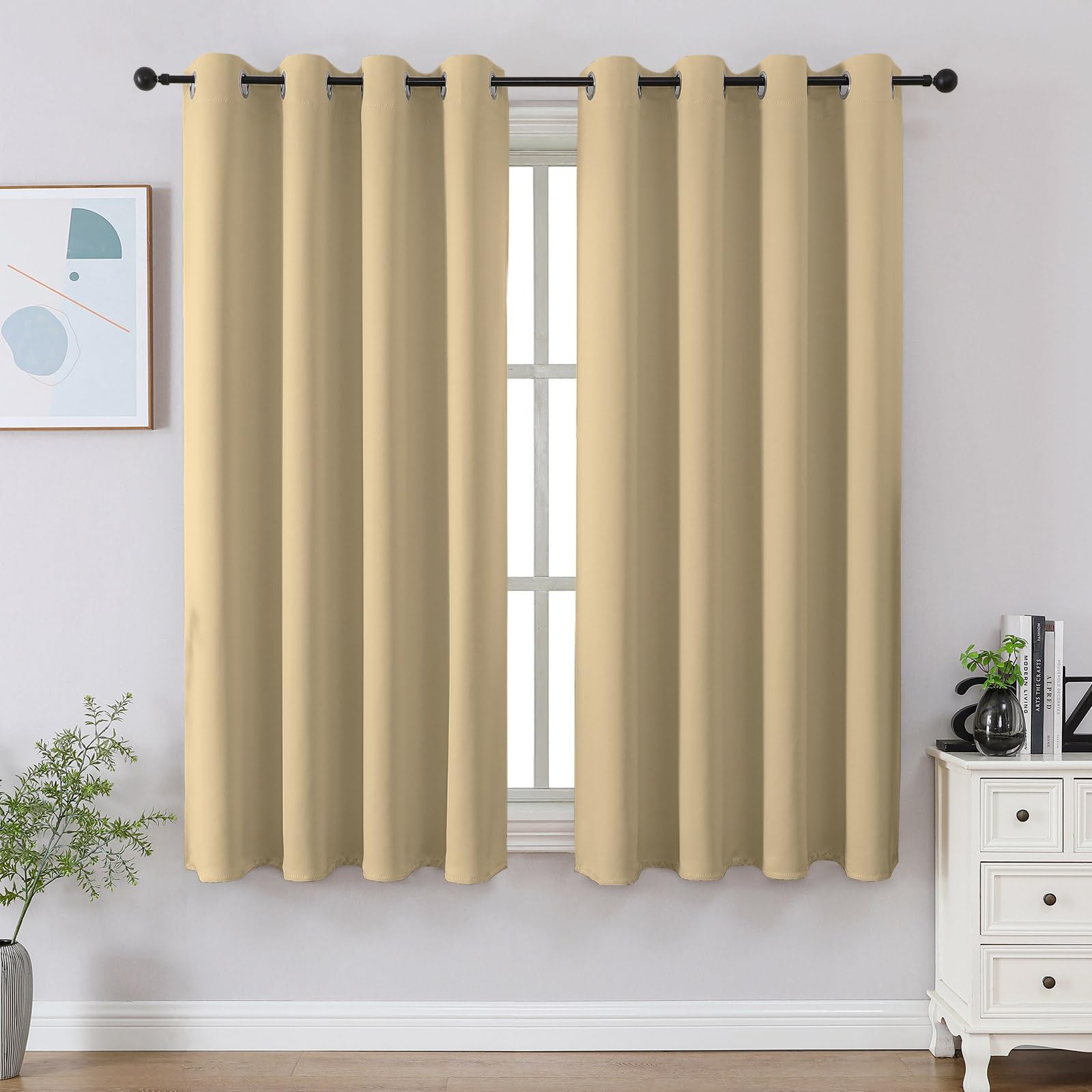 CUCRAF Beige Blackout Curtains 45 inch Length 2 Panels Set, Room Darkening Curtains & Drapes for Living Room Bedroom, Thermal Insulated Light Blocking Grommet Window Curtain (W52 x L45 Inch)