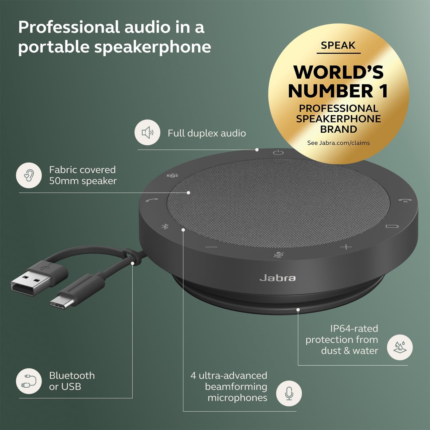 Jabra Speak2 55 Wireless Bluetooth Speakerphone (2025 Edition) - Portable Speaker with 4 Noise-Cancelling Mics - Certified Microsoft Teams Speaker - Dark Grey 7 71sXaJ3aIjL. AC SL1400