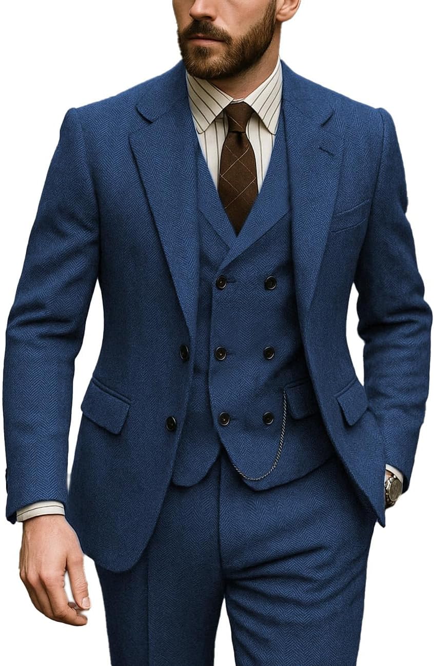 Vintage Men's Suits Regular Fit 3 Piece Tweed Herringbone Double Breasted Tuxedos Blazer+Vest+Pants Wedding