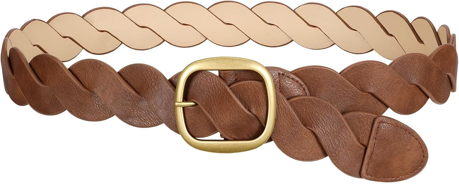 SANSTHS Women Leather Wide Waist Belt with Vintage Gold Buckle No Hole Adjustable Boho Western Belt for Jeans Dresses Pants