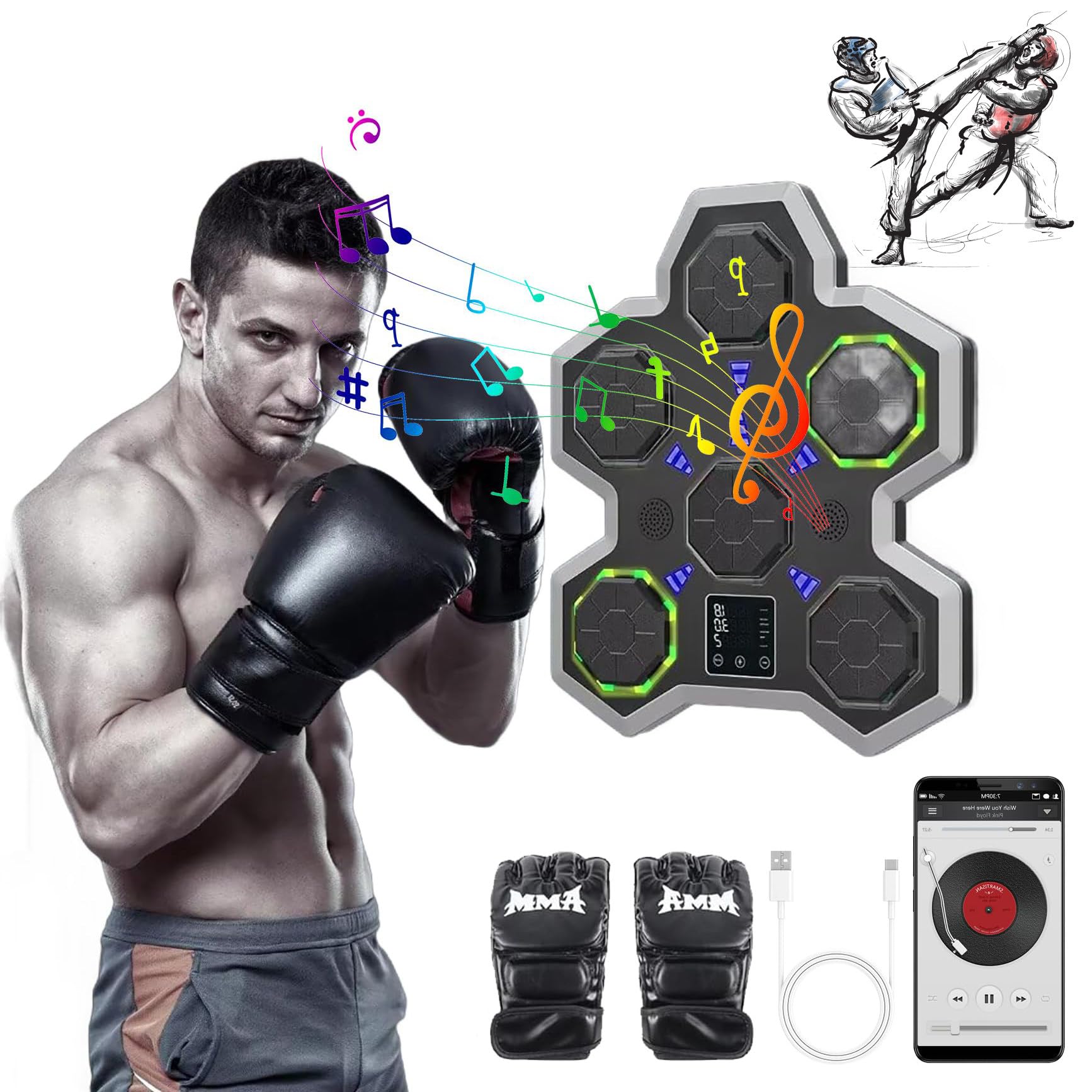 Machine de boxe murale avec musique et gants inclus pour entraînement à domicile